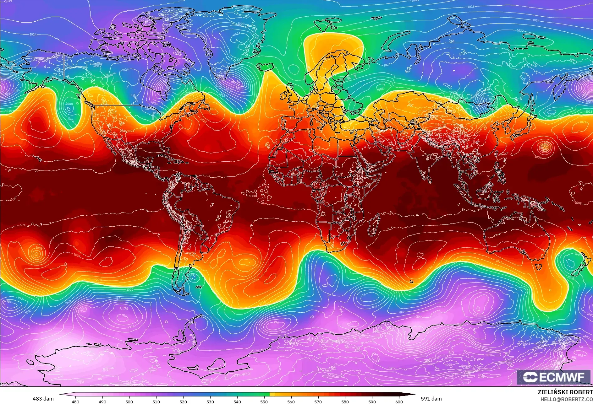 ECMWF IFS 0.25° modelo - Mundo, Altura geopotencial a 500 hPa