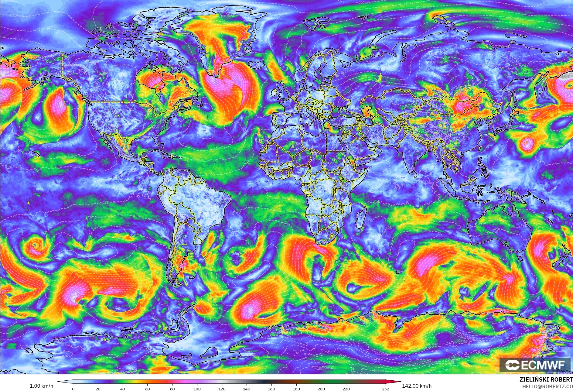 ECMWF IFS 0.25° modelo - Mundo, Ráfagas de viento