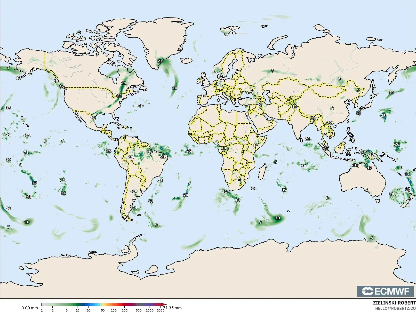 ECMWF IFS 0.25° modelo - Mundo, Acumulación de precipitación