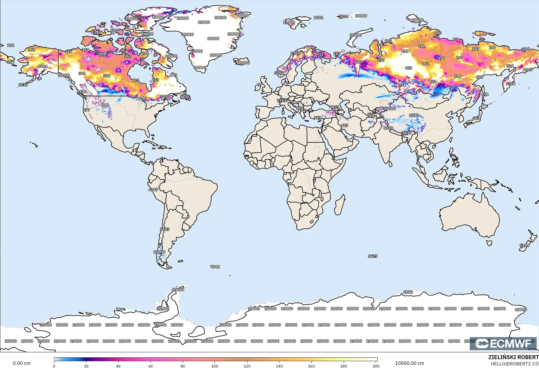 ECMWF IFS 0.25° modelo - Mundo, Profundidad de nieve
