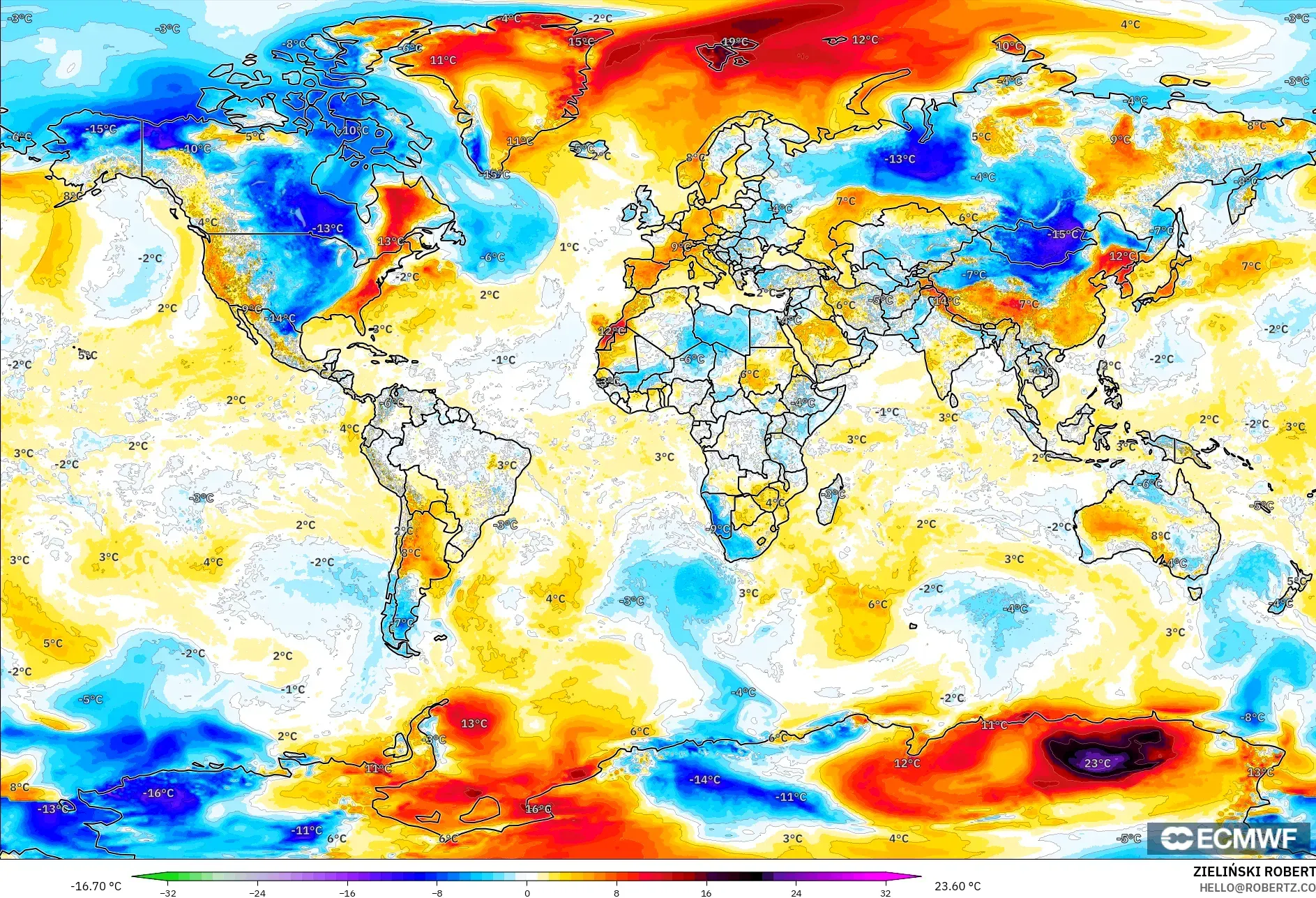 ECMWF IFS 0.25° modelo - Mundo, Anomalía de temperatura a 2 m