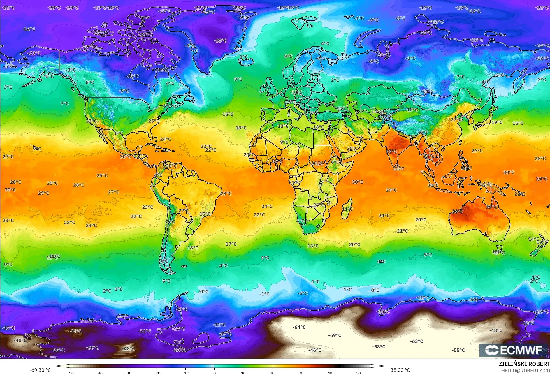 ECMWF IFS 0.25° modelo - Mundo, Temperatura a 2 m