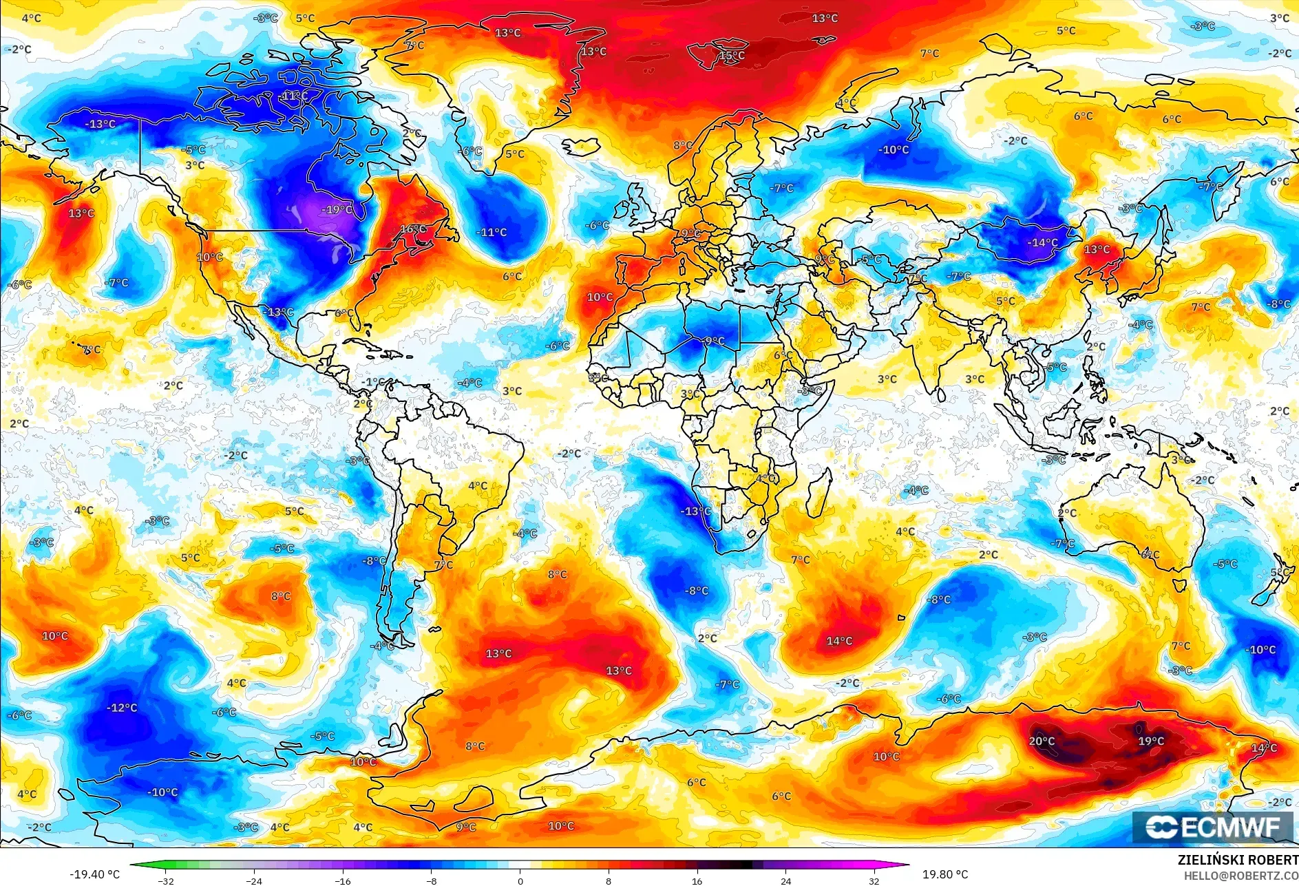 ECMWF IFS 0.25° modelo - Mundo, Anomalía de temperatura a 850 hPa