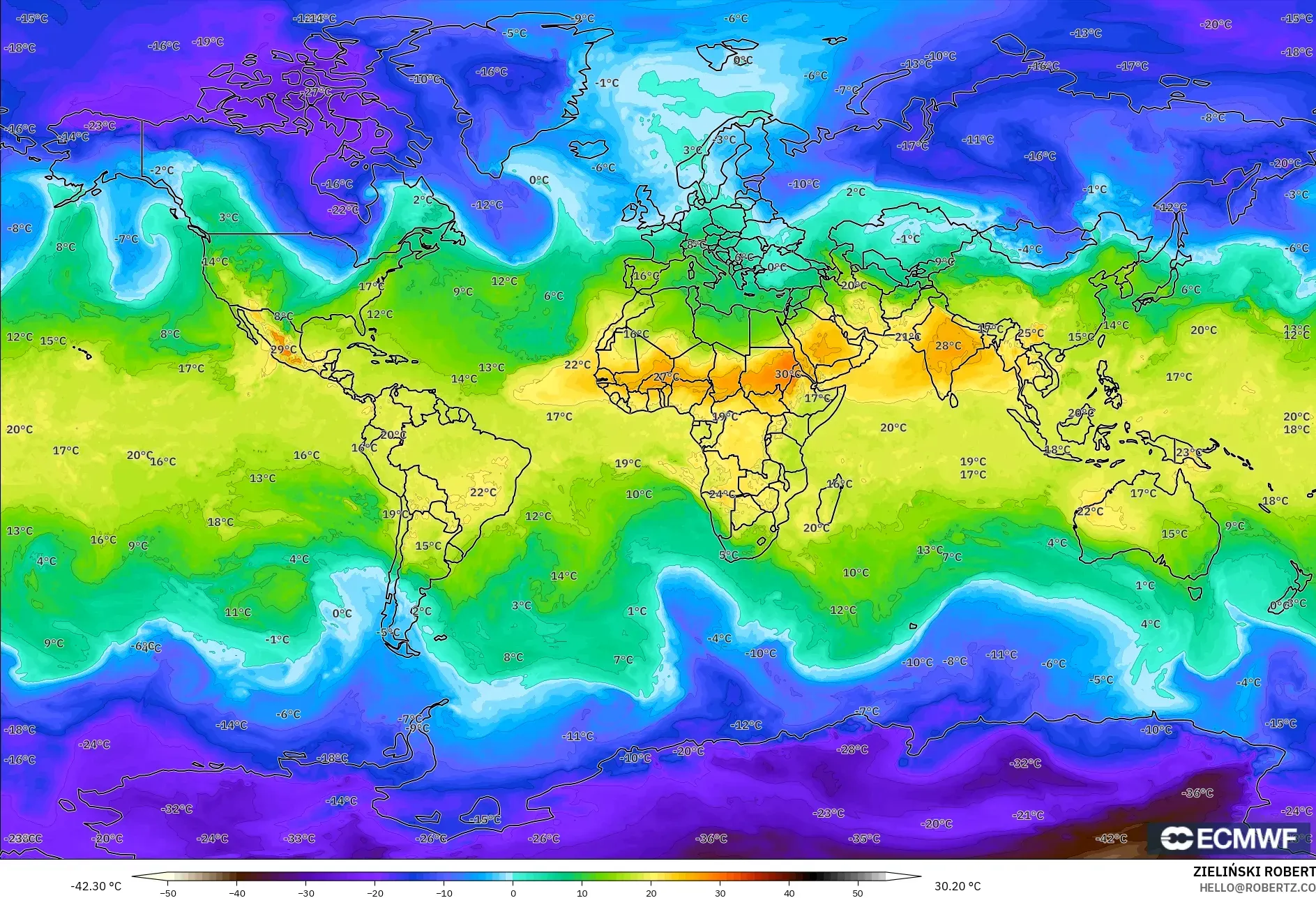 ECMWF IFS 0.25° modelo - Mundo, Temperatura a 850 hPa