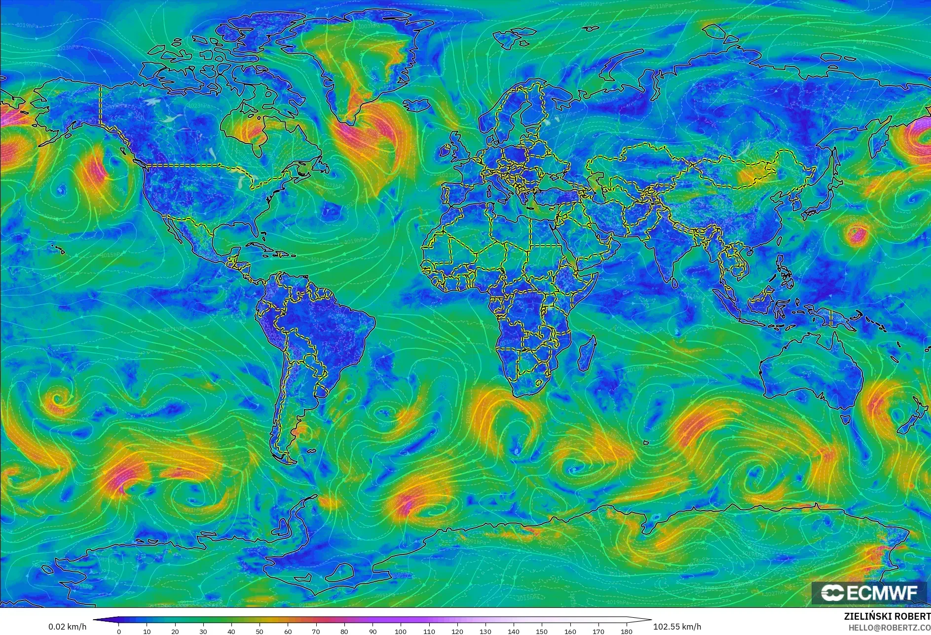 ECMWF IFS 0.25° modelo - Mundo, Viento a 10 m