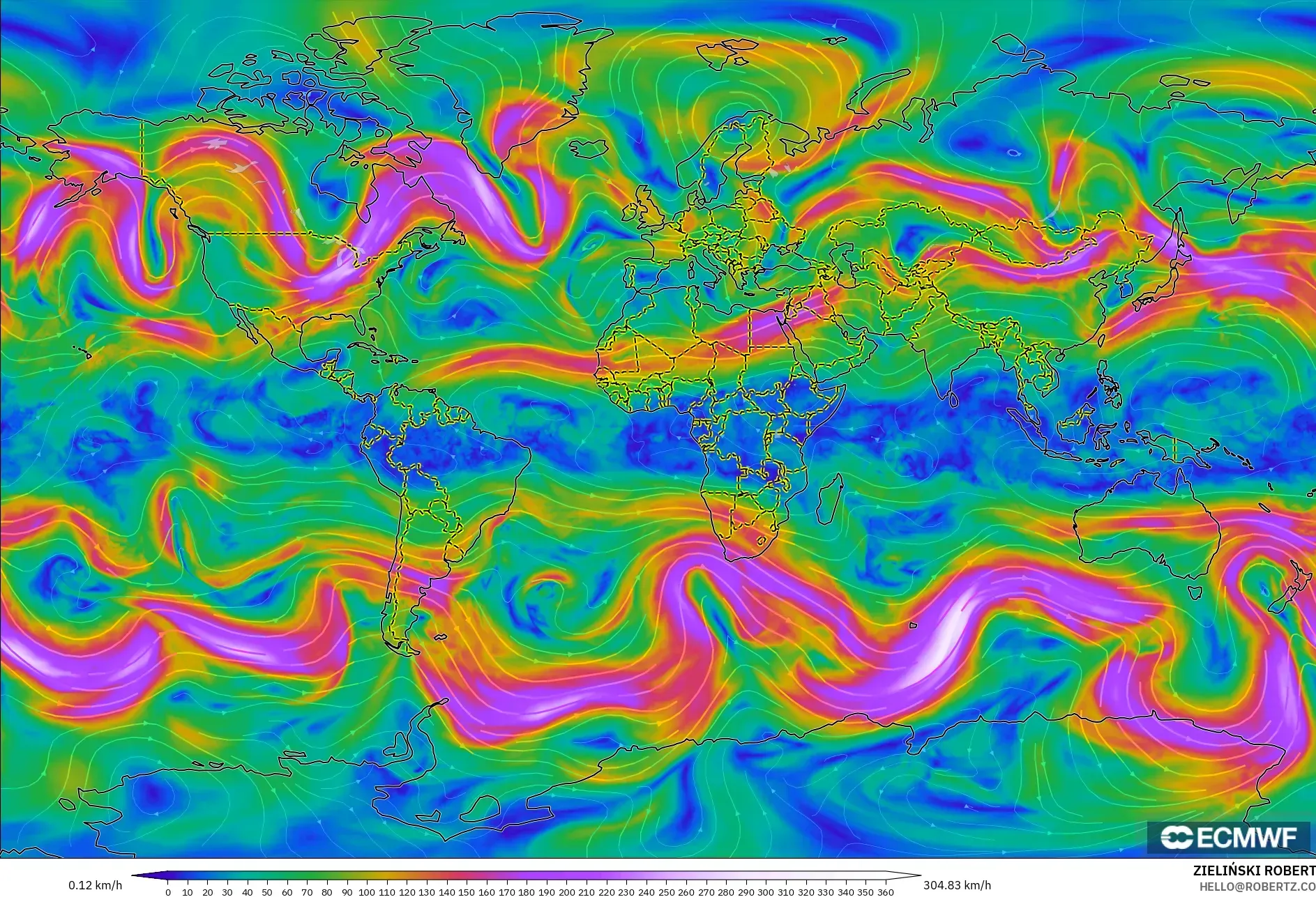 ECMWF IFS 0.25° modelo - Mundo, Viento a 300 hPa (corriente en chorro)