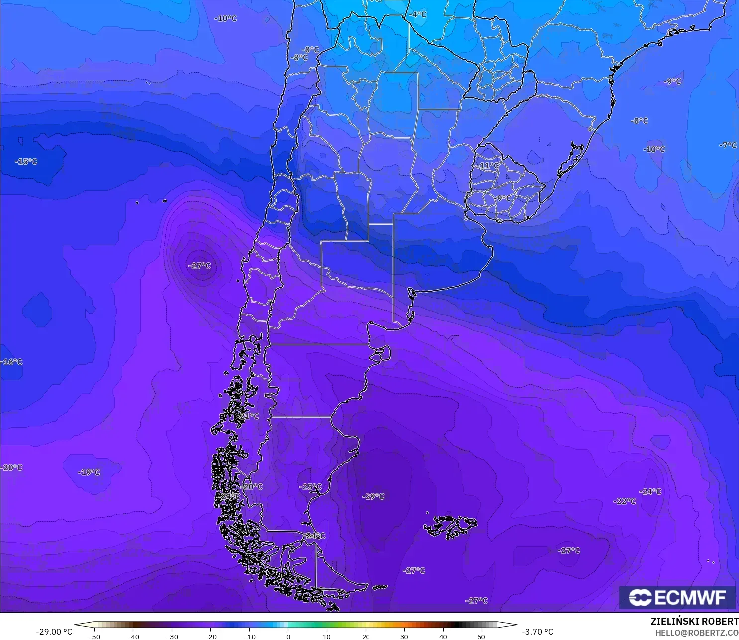 ECMWF IFS 0.25° modelo - Argentina, Temperatura a 500 hPa