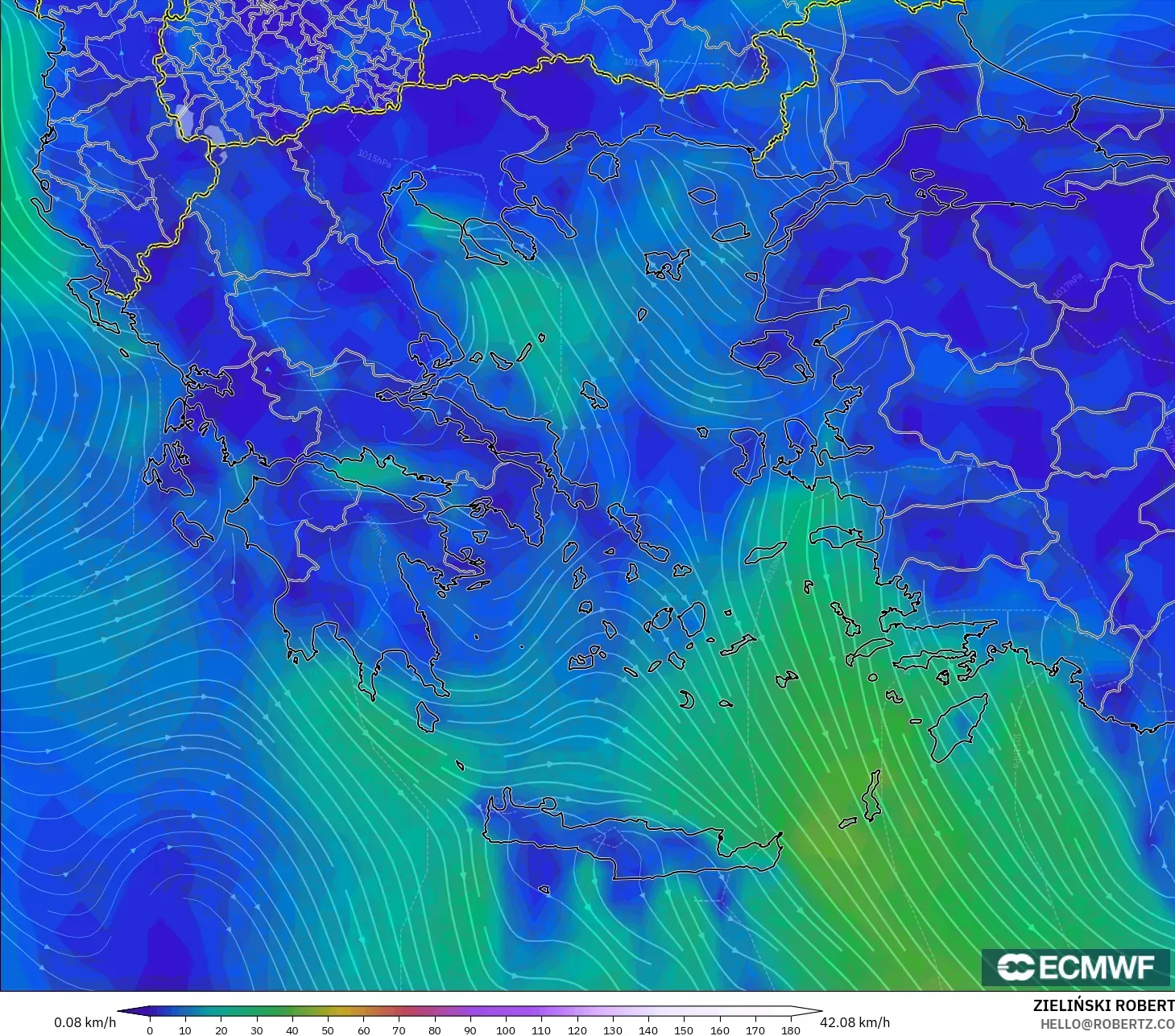 ECMWF IFS 0.25° modelo - Grecia, Viento a 10 m