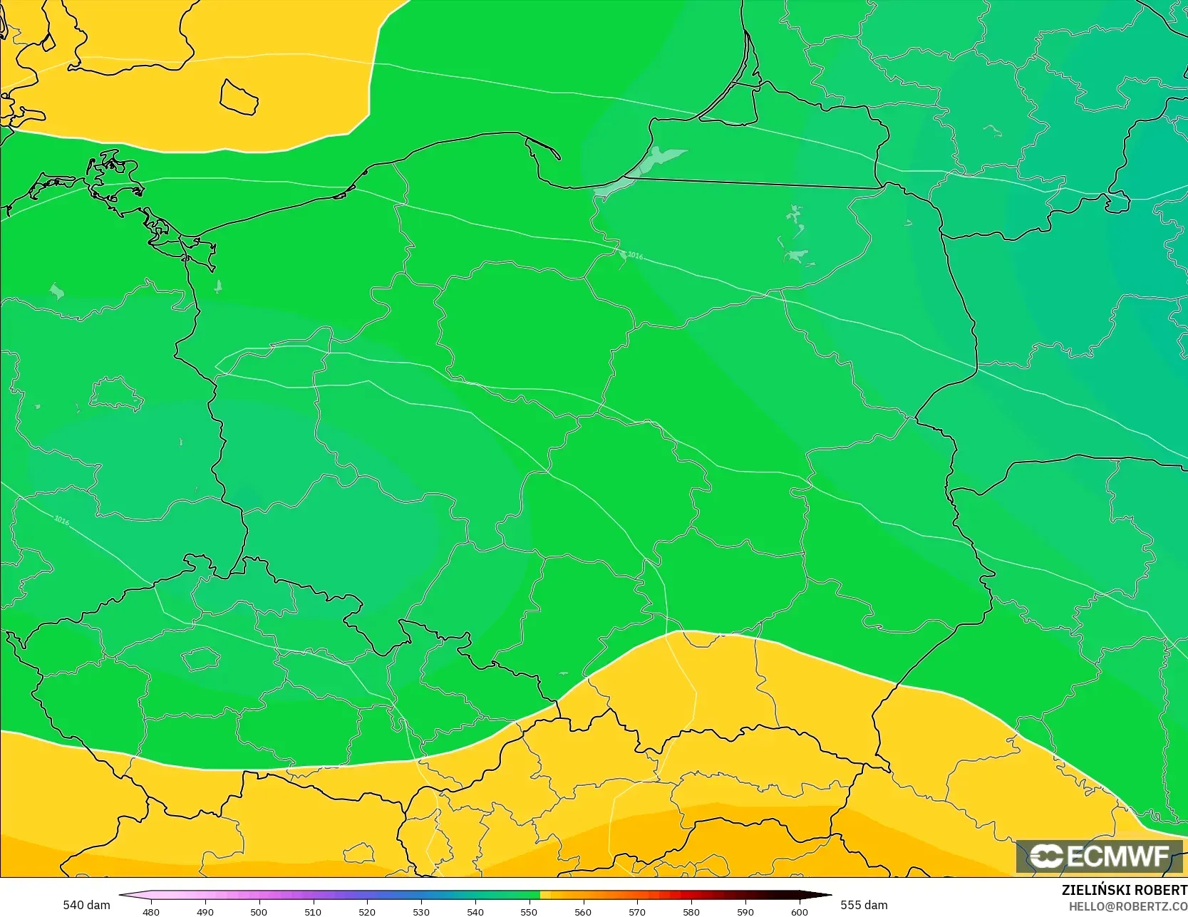 ECMWF IFS 0.25° modelo - Polonia, Altura geopotencial a 500 hPa