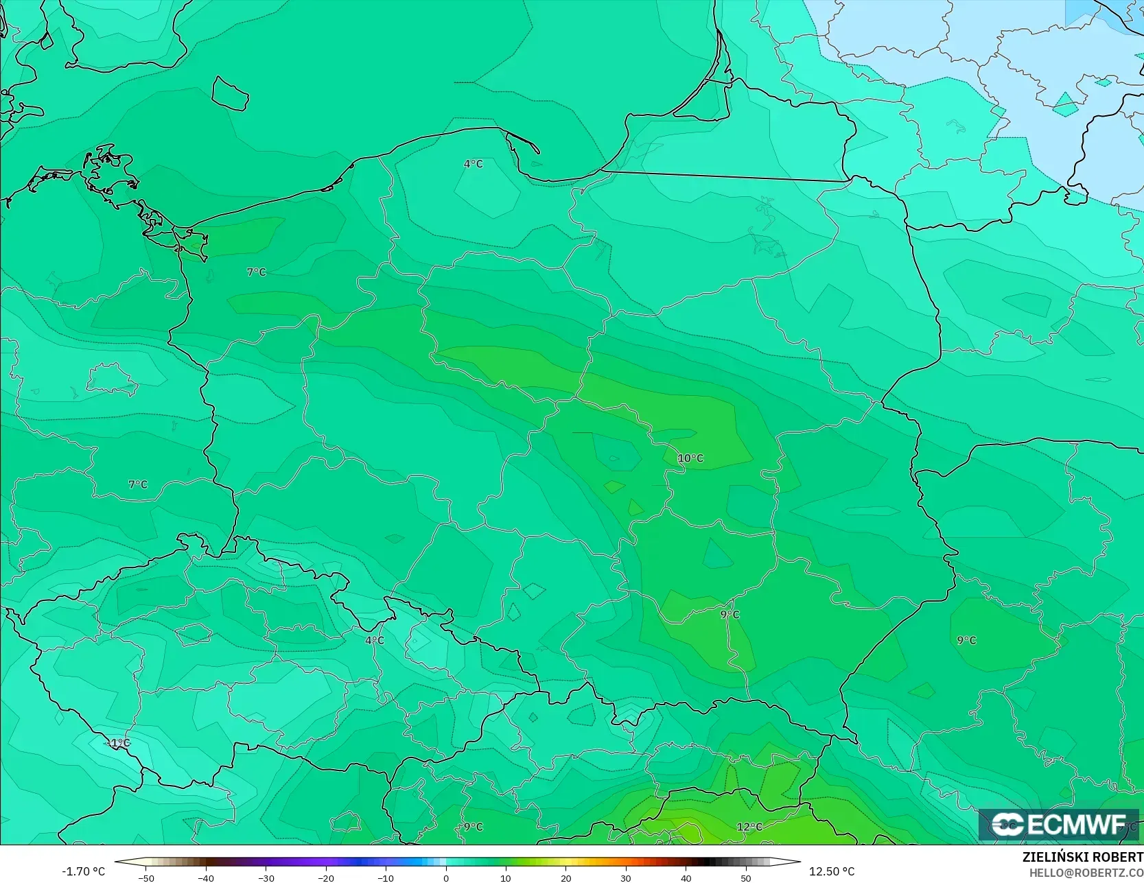 ECMWF IFS 0.25° modelo - Polonia, Temperatura a 2 m