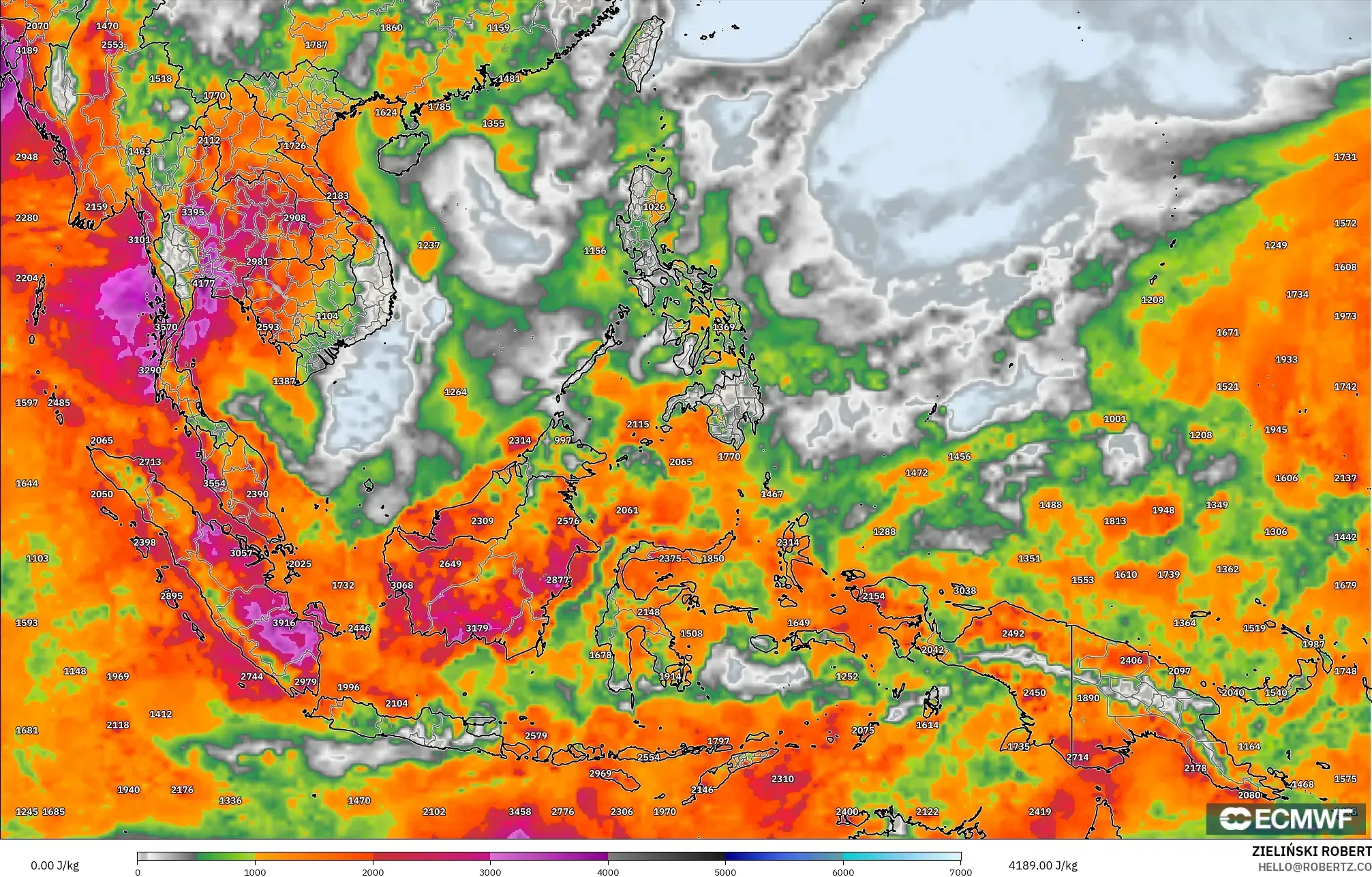 ECMWF IFS 0.25° modelo - Sudeste Asiático, CAPE