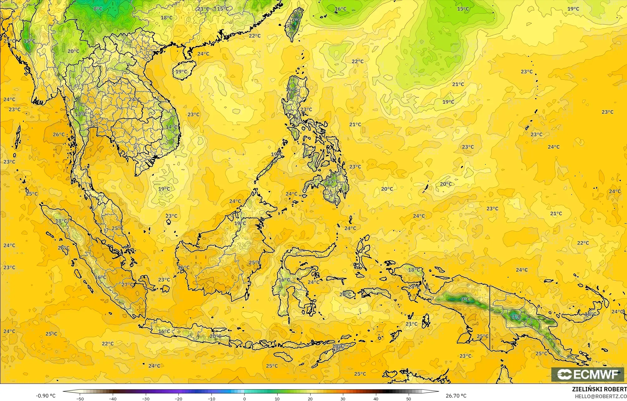 ECMWF IFS 0.25° modelo - Sudeste Asiático, Punto de rocío a 2 m