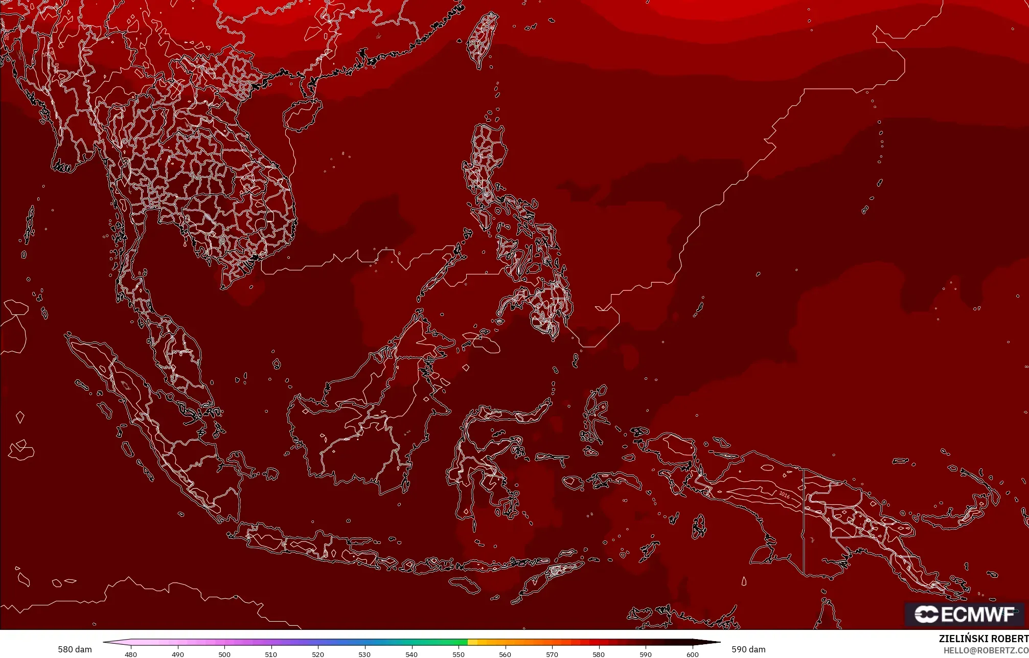 ECMWF IFS 0.25° modelo - Sudeste Asiático, Altura geopotencial a 500 hPa
