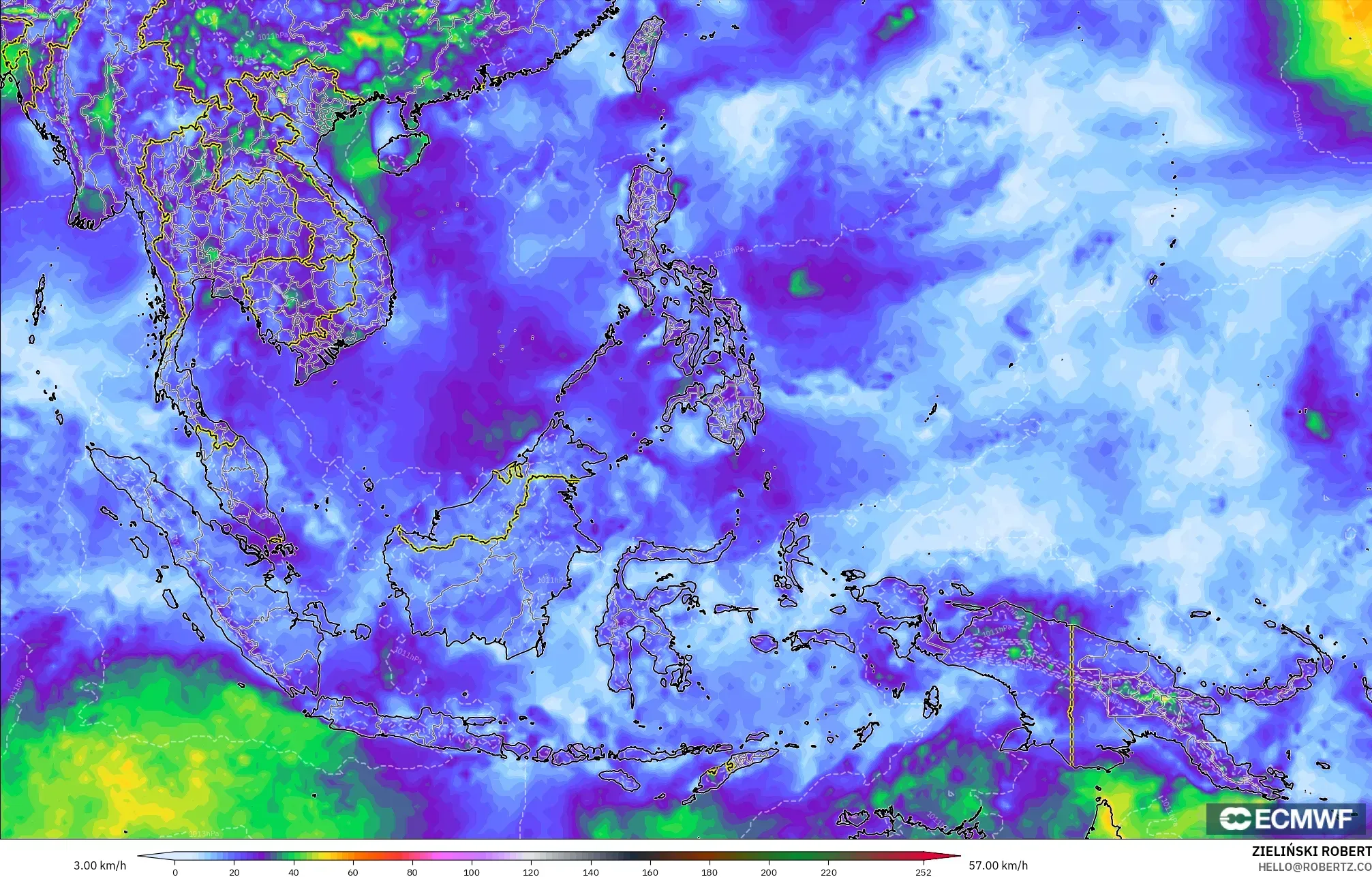 ECMWF IFS 0.25° modelo - Sudeste Asiático, Ráfagas de Viento Máximas