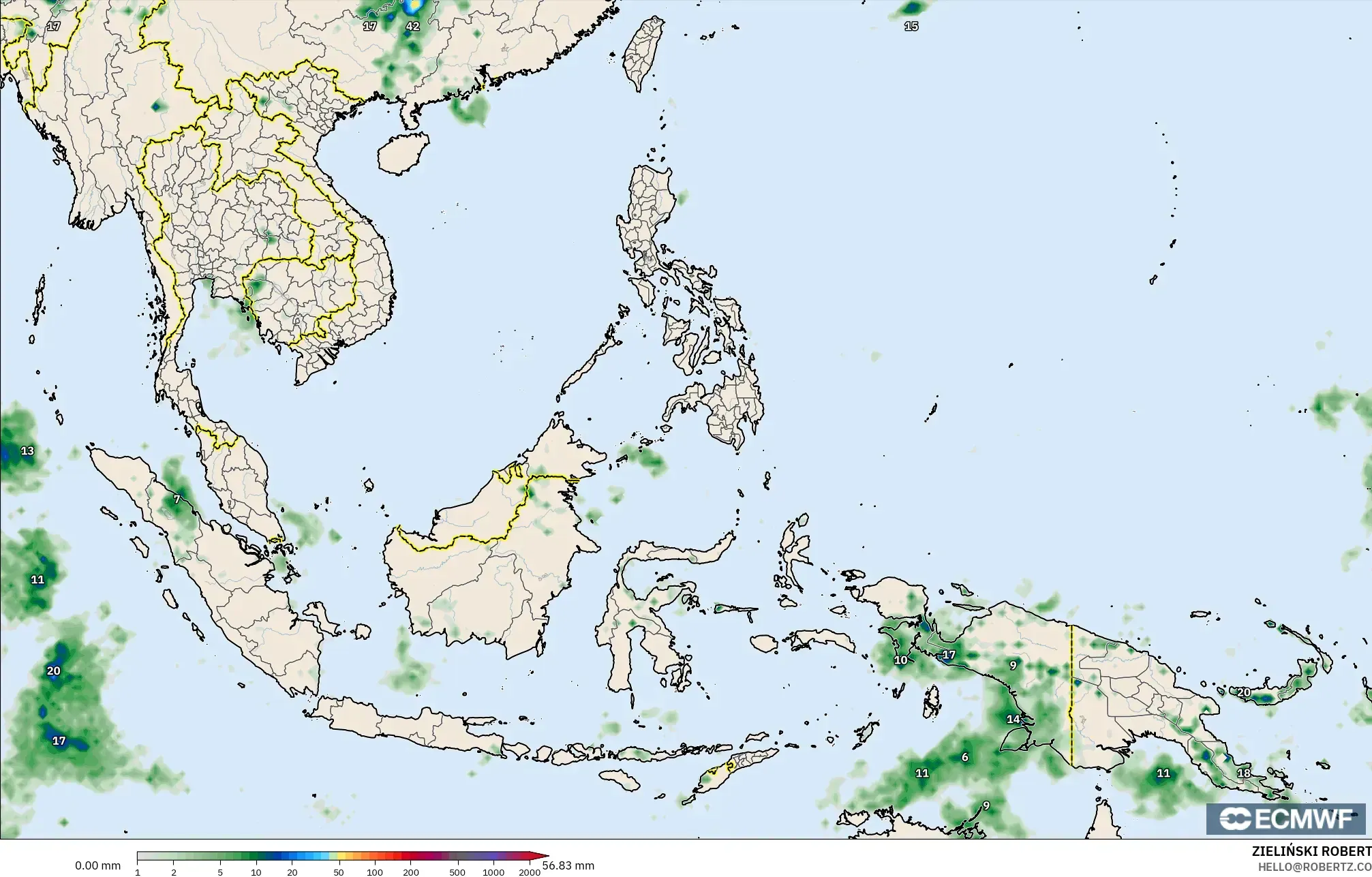ECMWF IFS 0.25° modelo - Sudeste Asiático, Acumulación de precipitación
