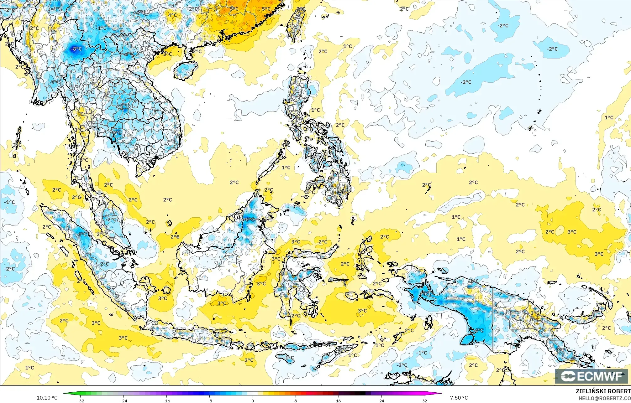 ECMWF IFS 0.25° modelo - Sudeste Asiático, Anomalía de temperatura a 2 m