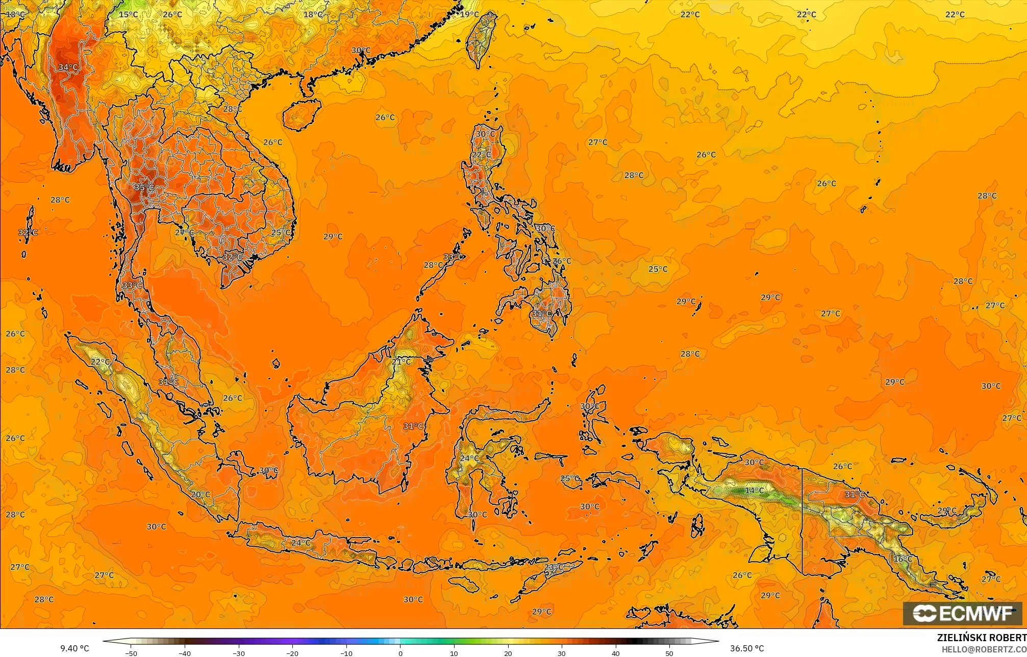 ECMWF IFS 0.25° modelo - Sudeste Asiático, Temperatura a 2 m