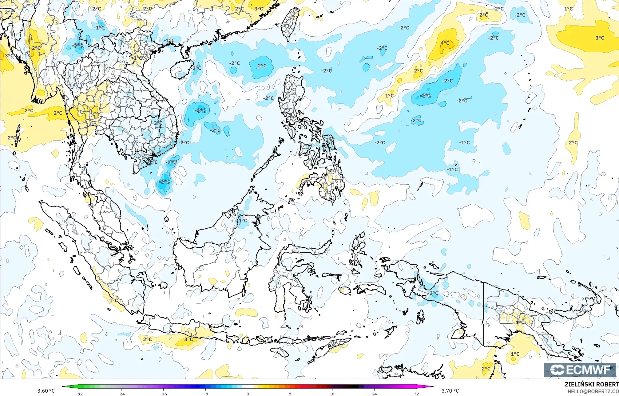 ECMWF IFS 0.25° modelo - Sudeste Asiático, Anomalía de temperatura a 850 hPa