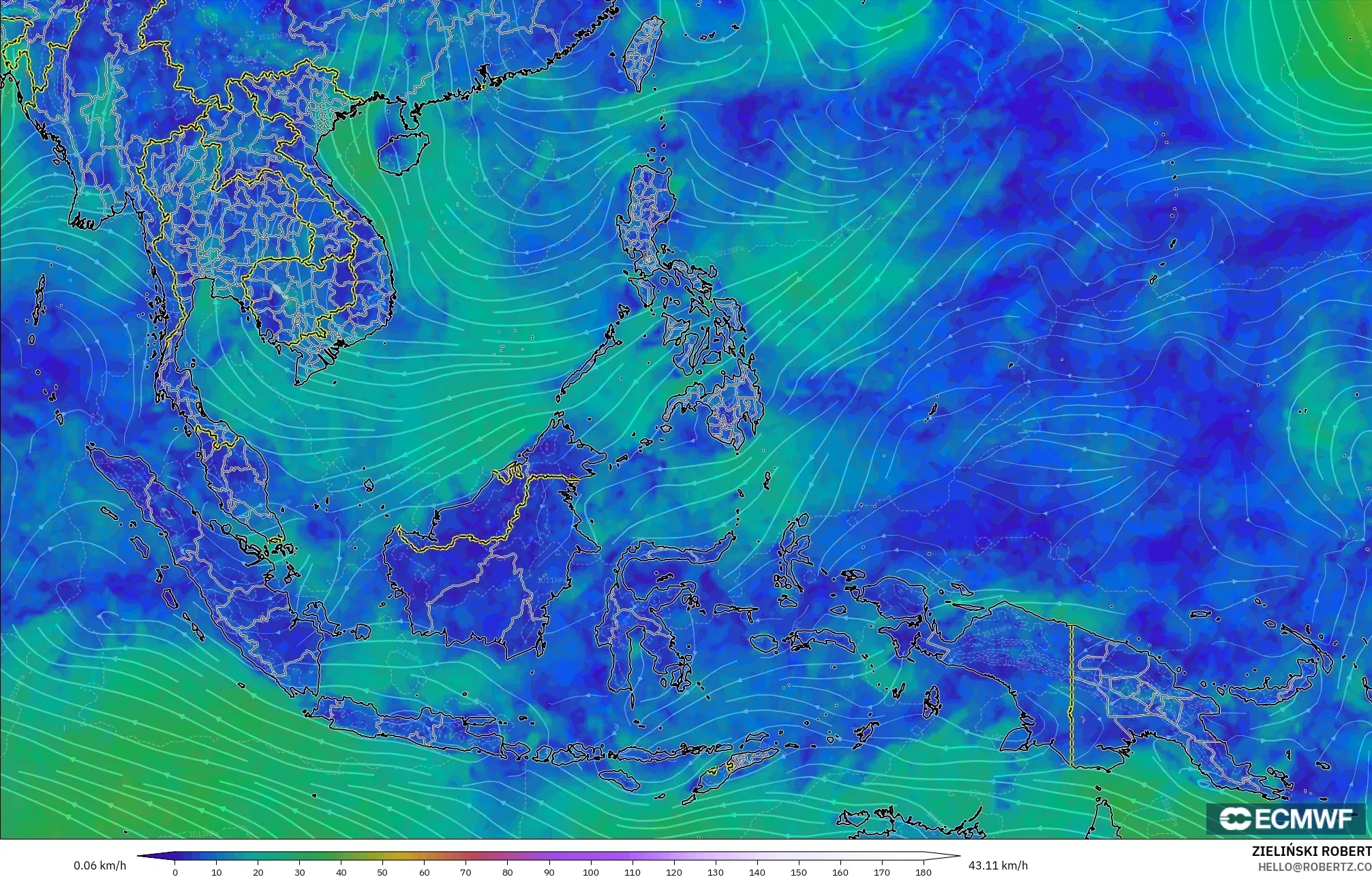 ECMWF IFS 0.25° modelo - Sudeste Asiático, Viento a 10 m