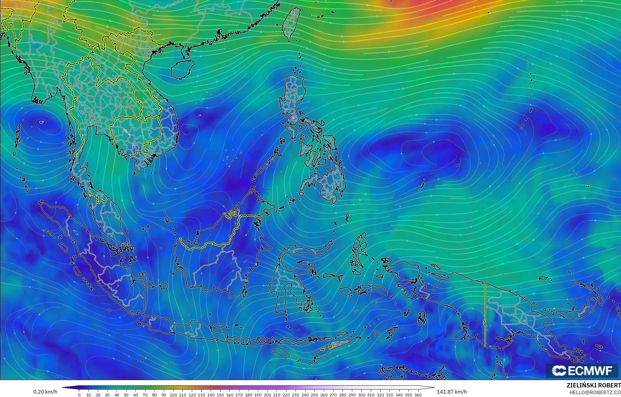 ECMWF IFS 0.25° modelo - Sudeste Asiático, Viento a 300 hPa (corriente en chorro)