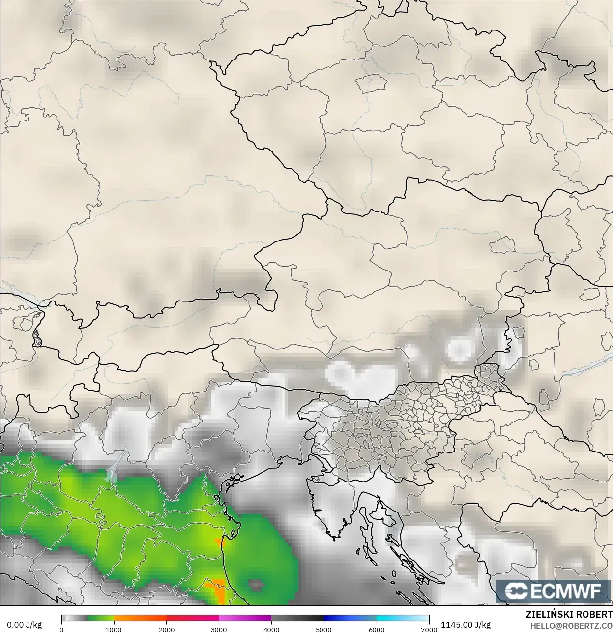 ECMWF IFS 0.25° modelo - Austria, CAPE