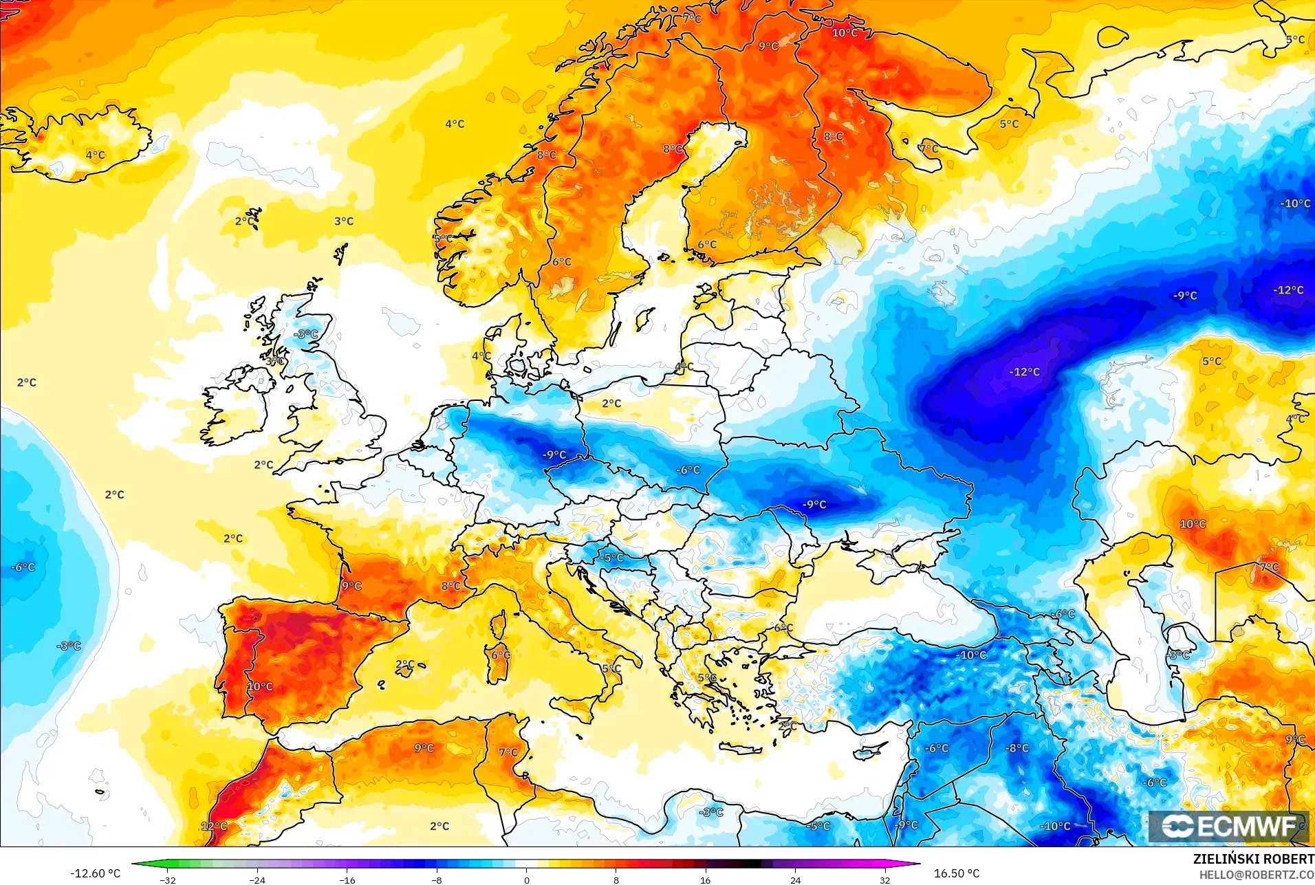 ECMWF IFS 0.25° modelo - Europa, Anomalía de temperatura a 2 m
