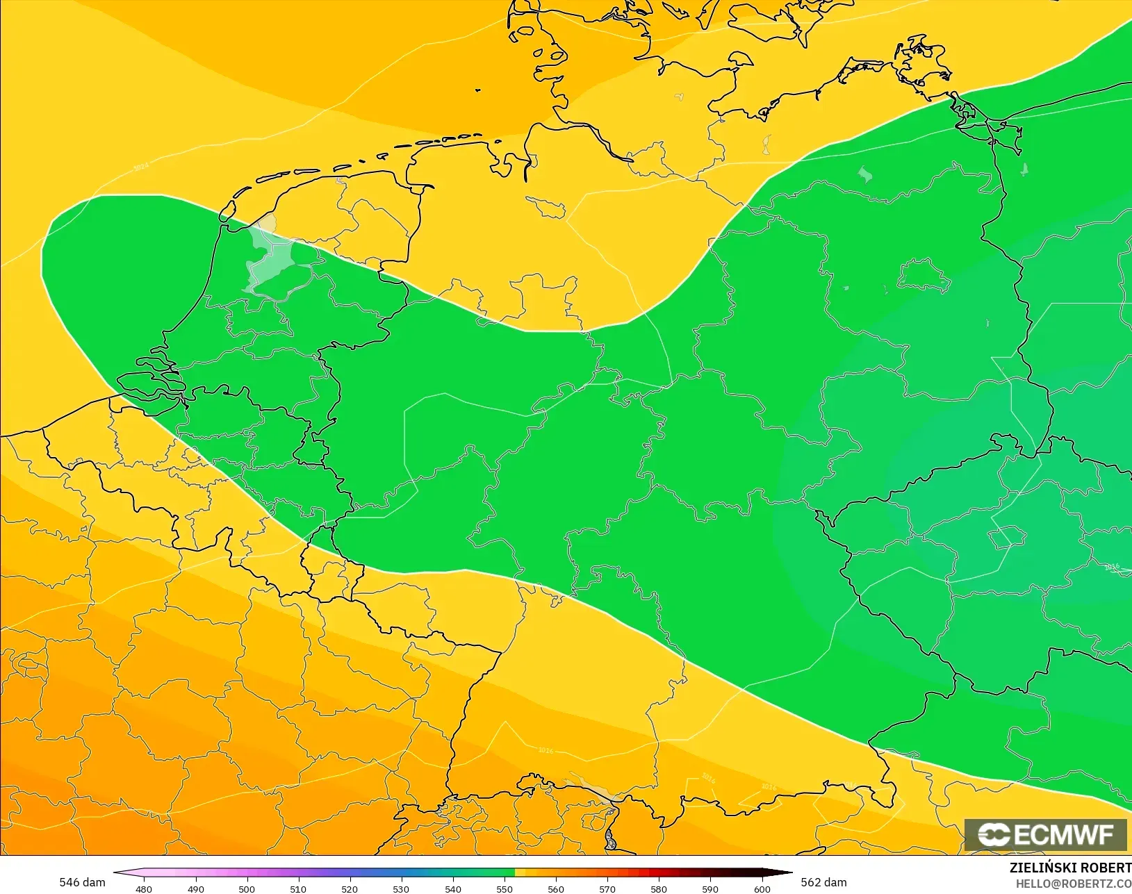 ECMWF IFS 0.25° modelo - Alemania, Altura geopotencial a 500 hPa