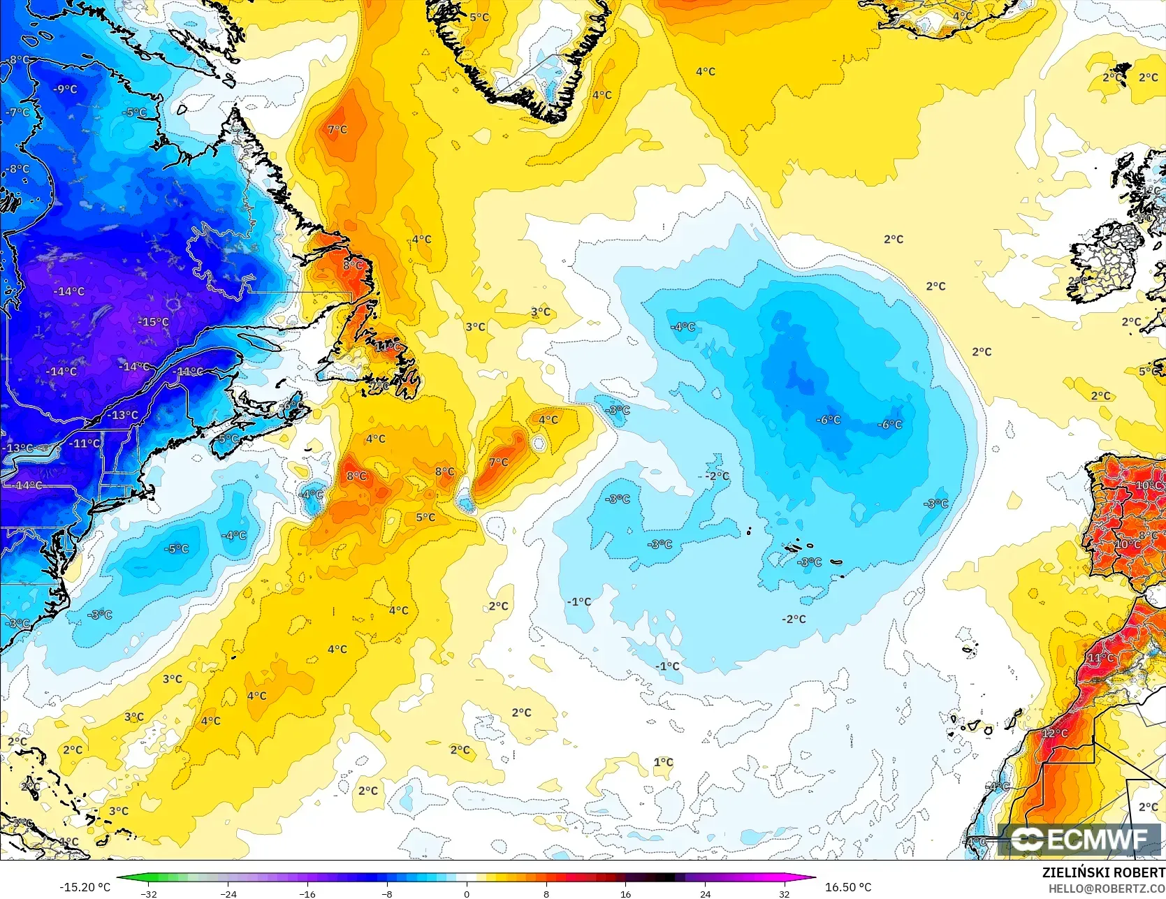 ECMWF IFS 0.25° modelo - Norte Atlántico, Anomalía de temperatura a 2 m