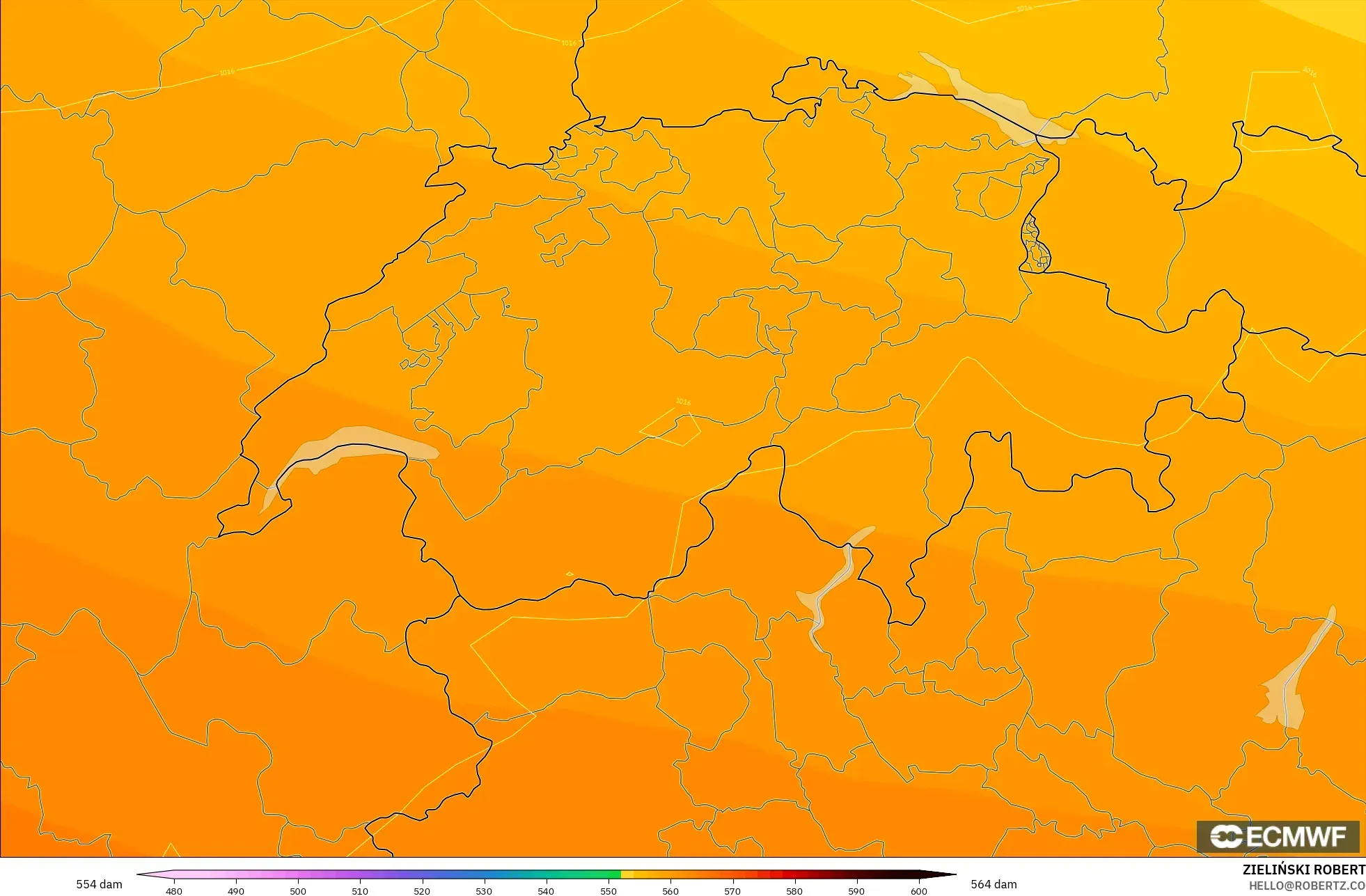 ECMWF IFS 0.25° modelo - Suiza, Altura geopotencial a 500 hPa