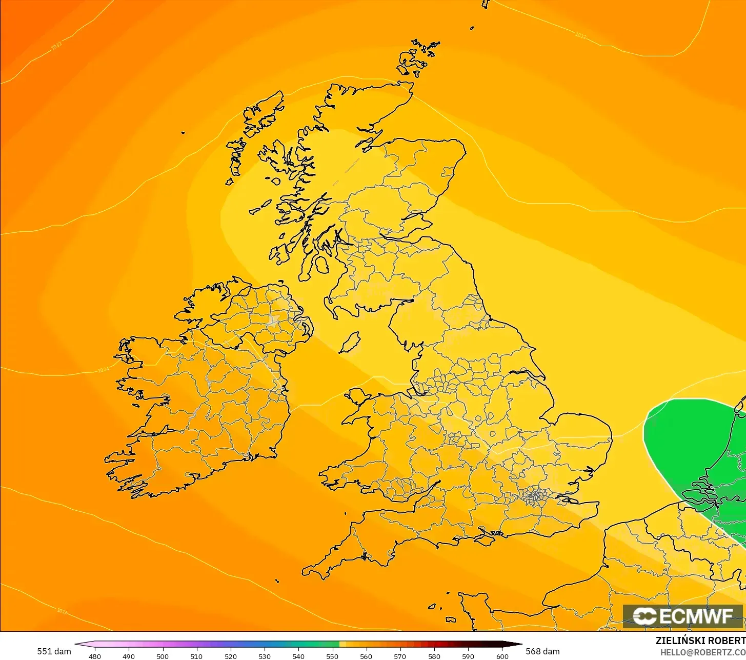 ECMWF IFS 0.25° modelo - Reino Unido, Altura geopotencial a 500 hPa