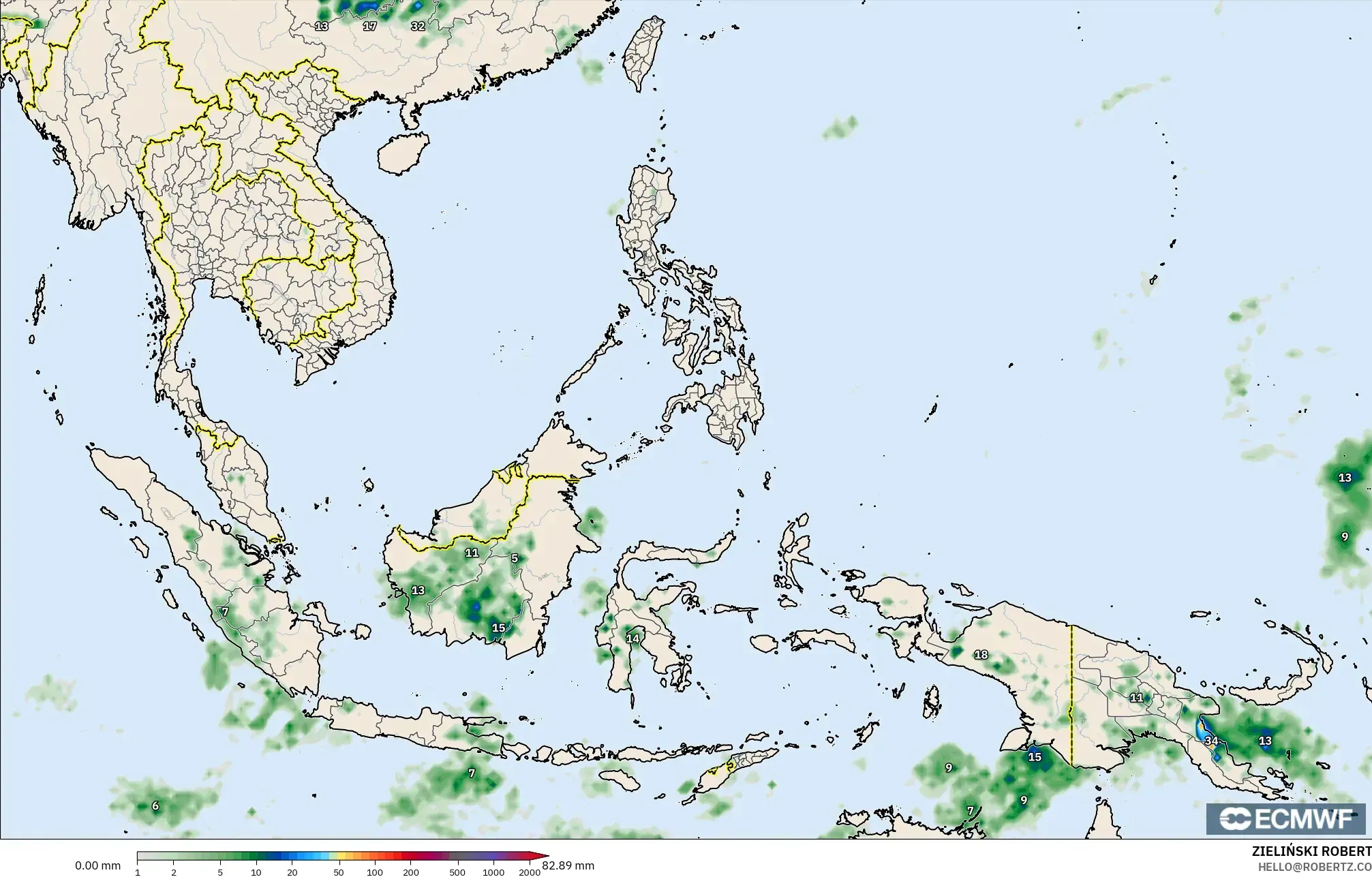 ECMWF IFS 0.25° modelo - Sudeste Asiático, Acumulación de precipitación