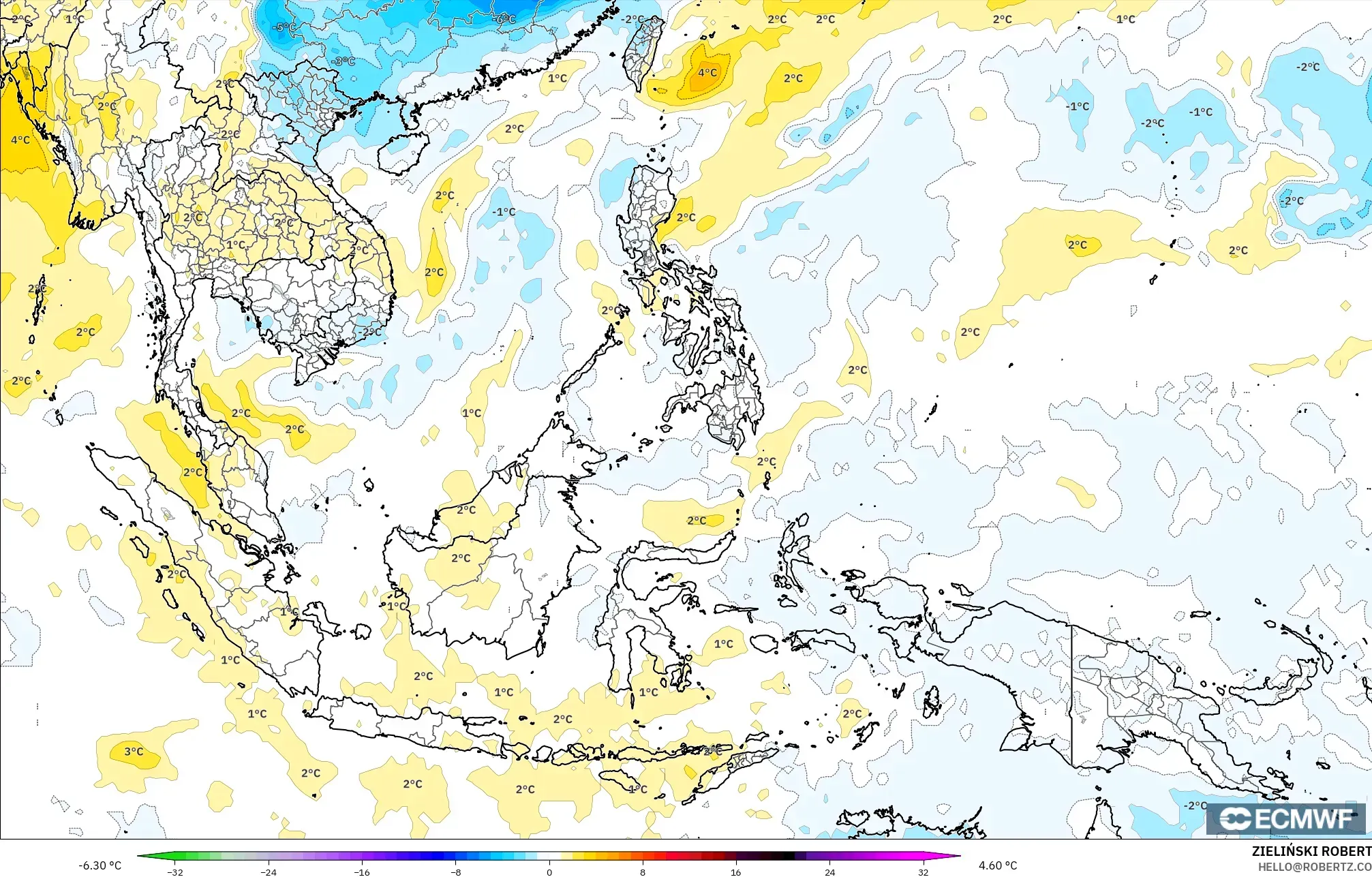 ECMWF IFS 0.25° modelo - Sudeste Asiático, Anomalía de temperatura a 850 hPa