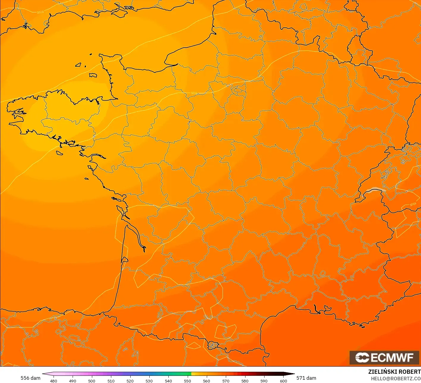 ECMWF IFS 0.25° modelo - Francia, Altura geopotencial a 500 hPa