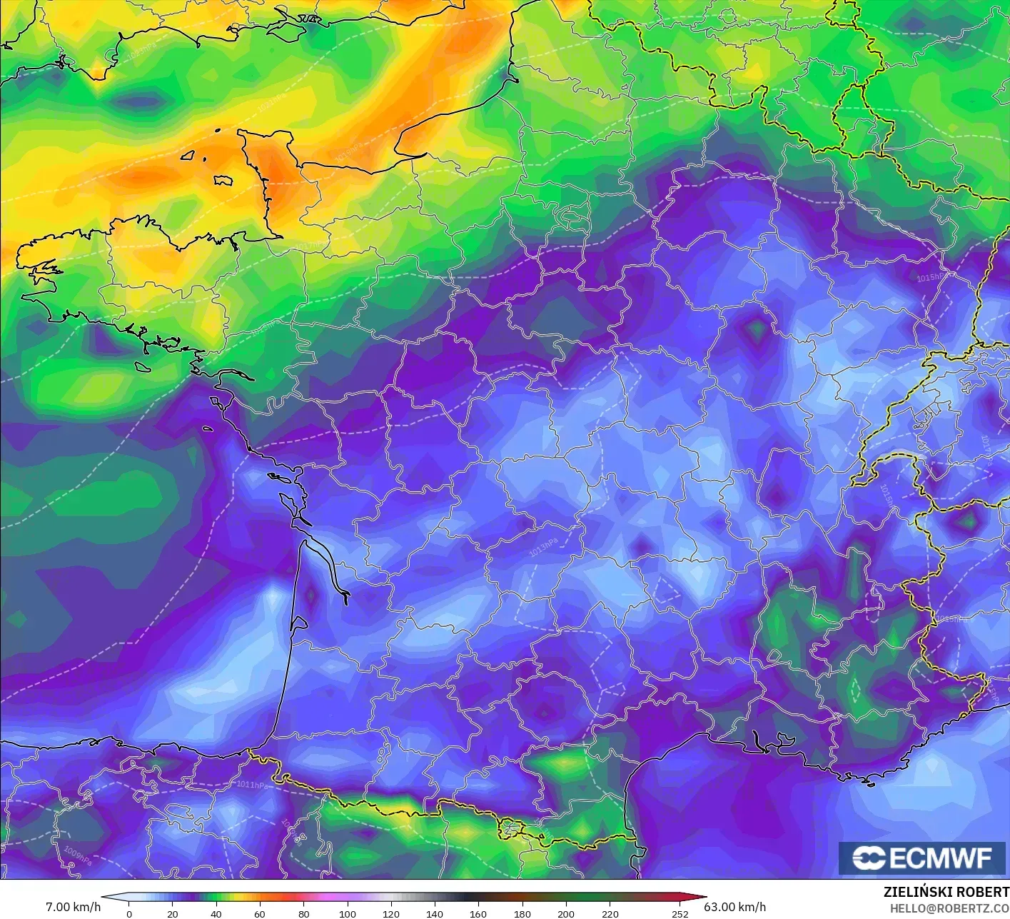 ECMWF IFS 0.25° modelo - Francia, Ráfagas de viento
