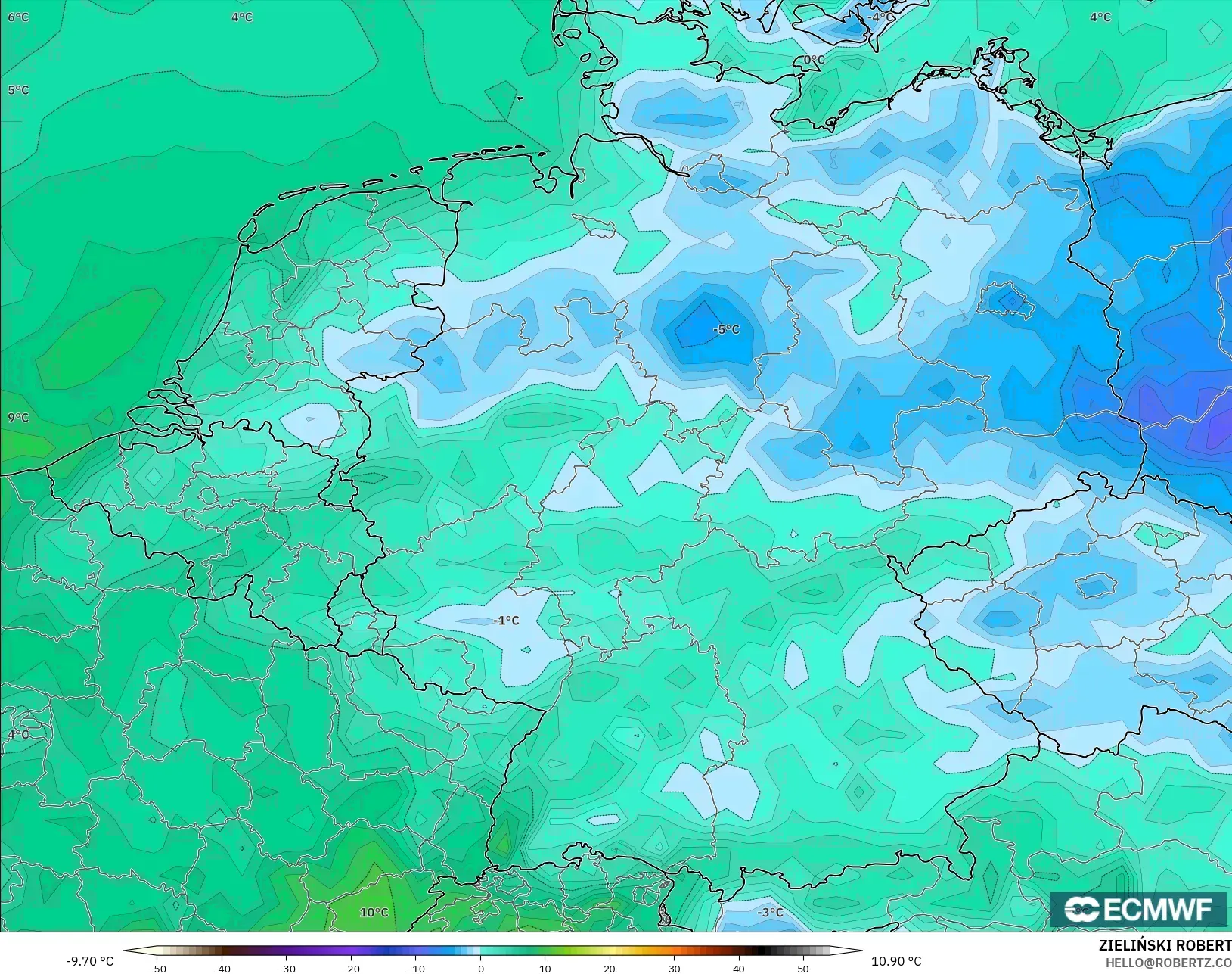 ECMWF IFS 0.25° modelo - Alemania, Punto de rocío a 2 m