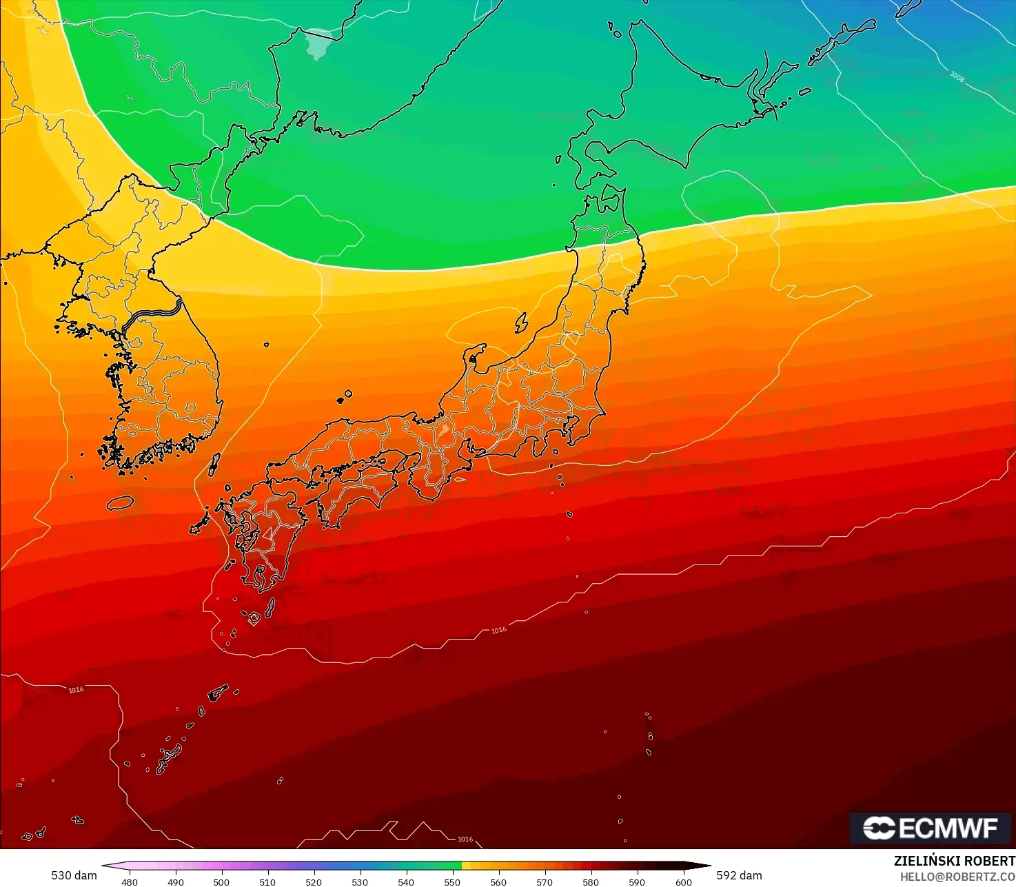 ECMWF IFS 0.25° modelo - Japón, Altura geopotencial a 500 hPa