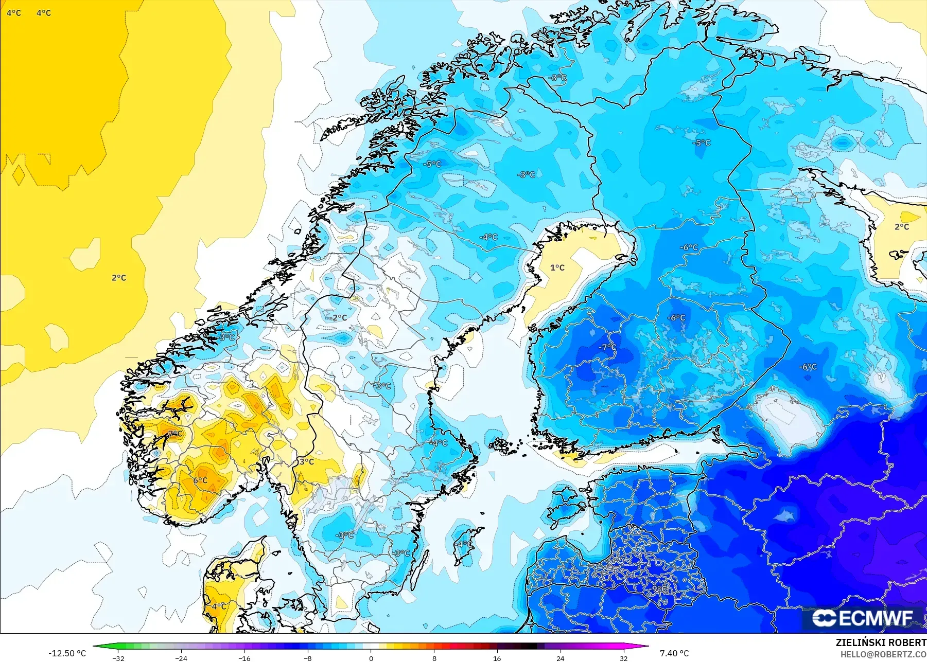 ECMWF IFS 0.25° modelo - Escandinavia, Anomalía de temperatura a 2 m