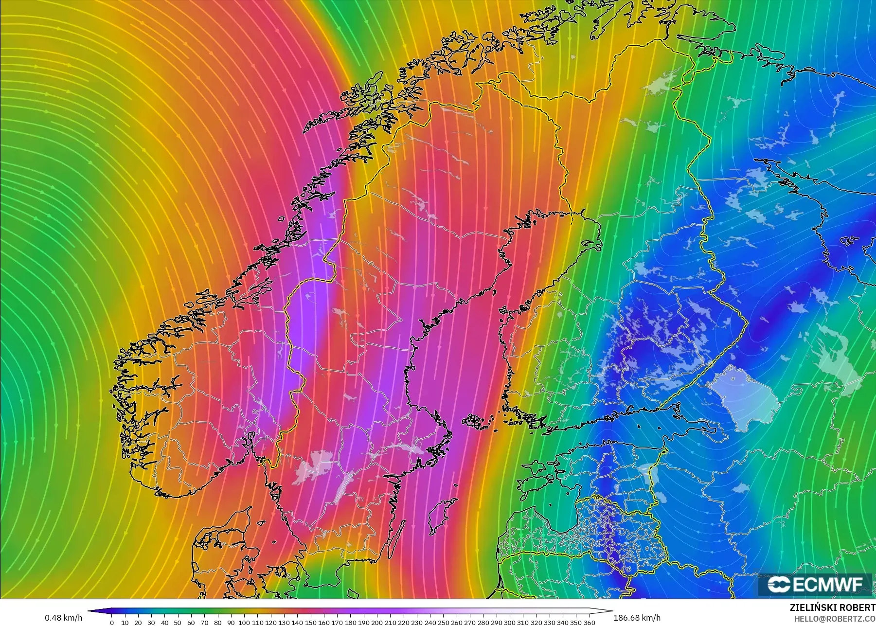 ECMWF IFS 0.25° modelo - Escandinavia, Viento a 300 hPa (corriente en chorro)