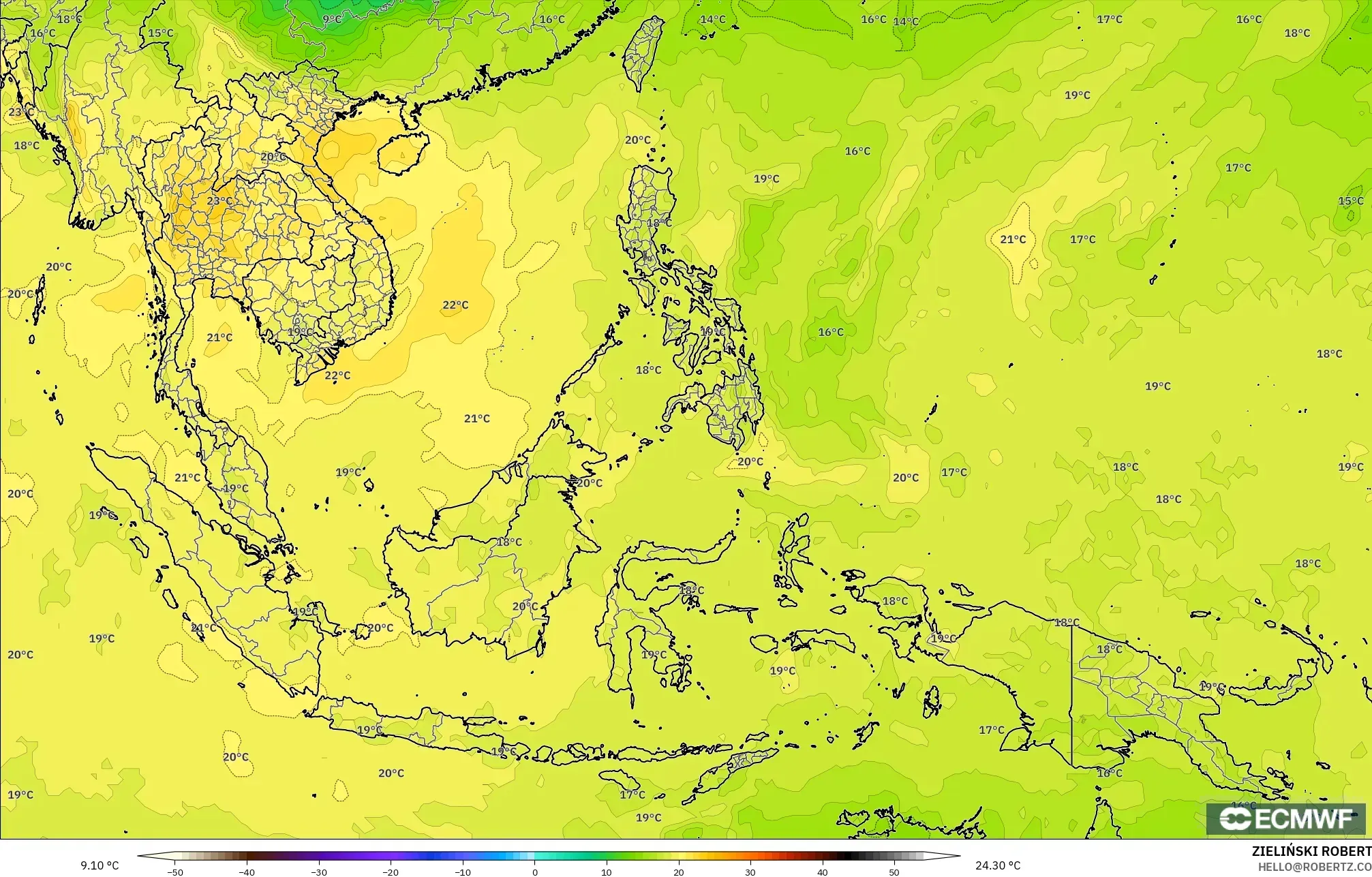 ECMWF IFS 0.25° modelo - Sudeste Asiático, Temperatura a 850 hPa