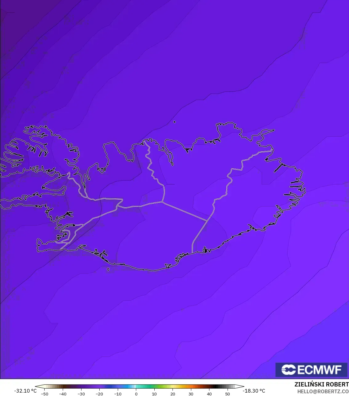 ECMWF IFS 0.25° modelo - Islandia, Temperatura a 500 hPa