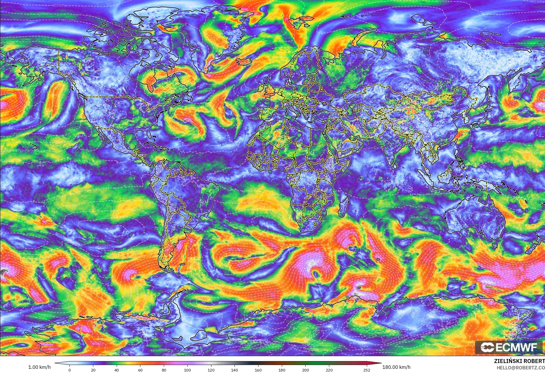 ECMWF IFS 0.25° modelo - Mundo, Ráfagas de Viento Máximas