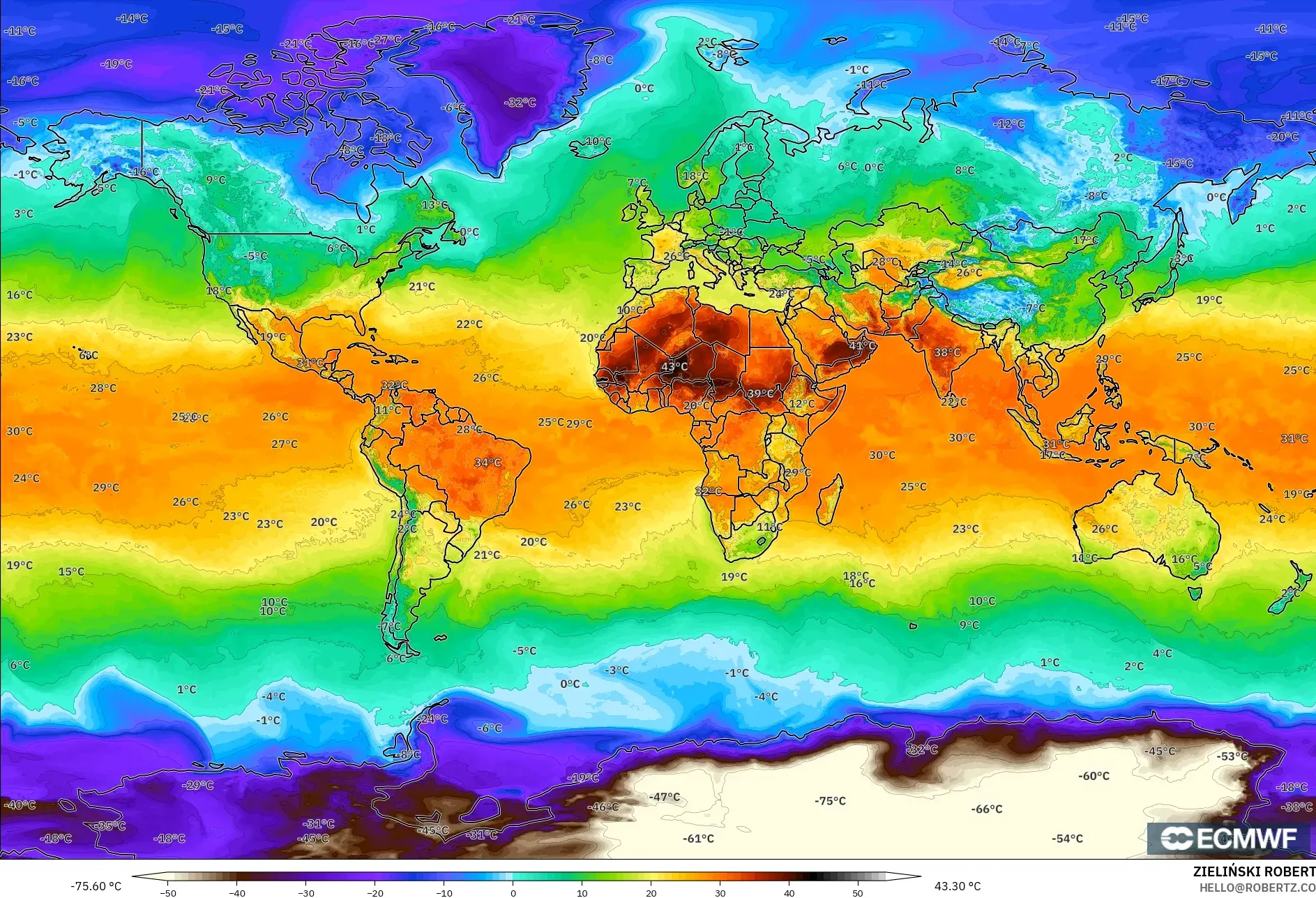 ECMWF IFS 0.25° modelo - Mundo, Temperatura a 2 m