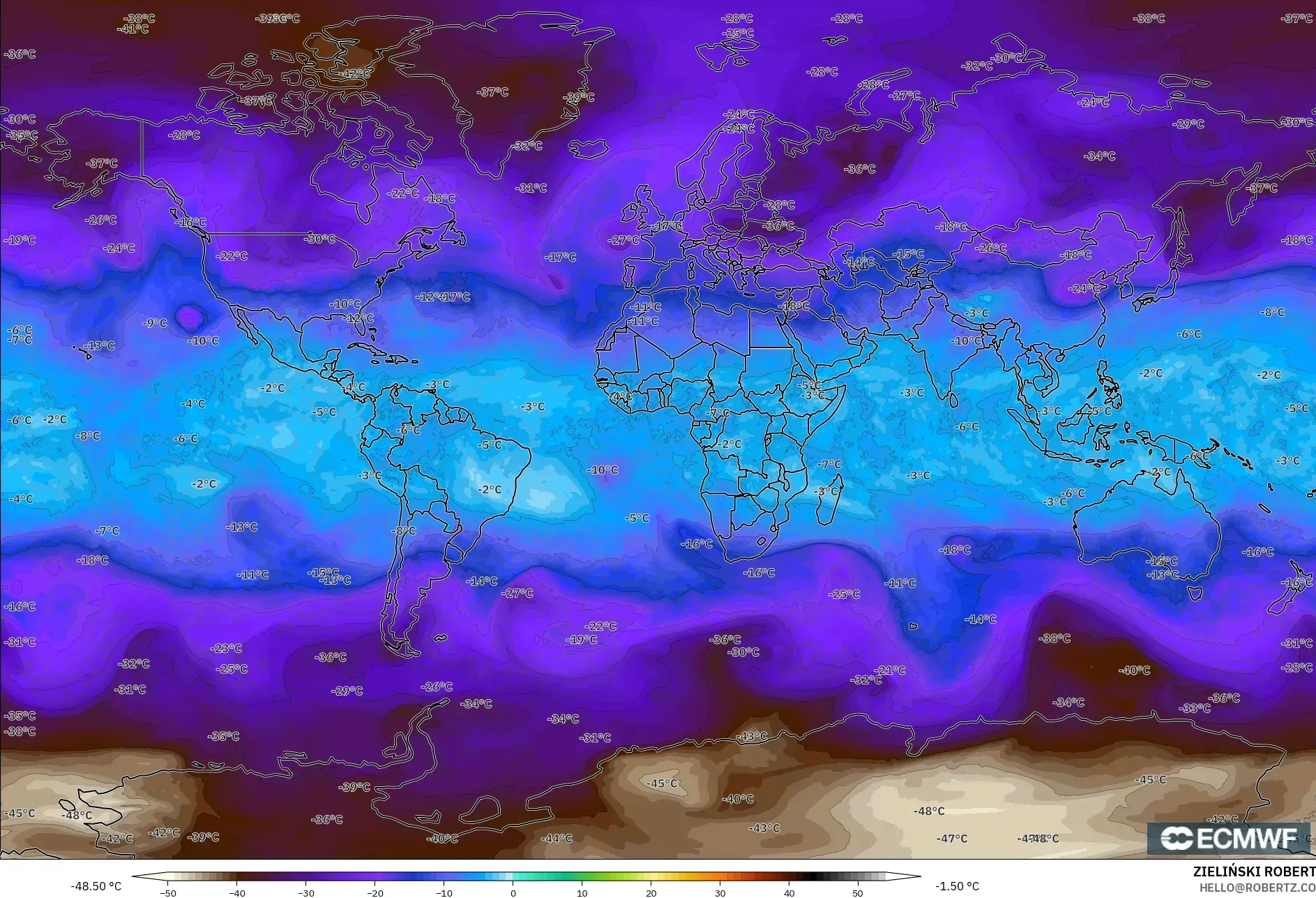 ECMWF IFS 0.25° modelo - Mundo, Temperatura a 500 hPa