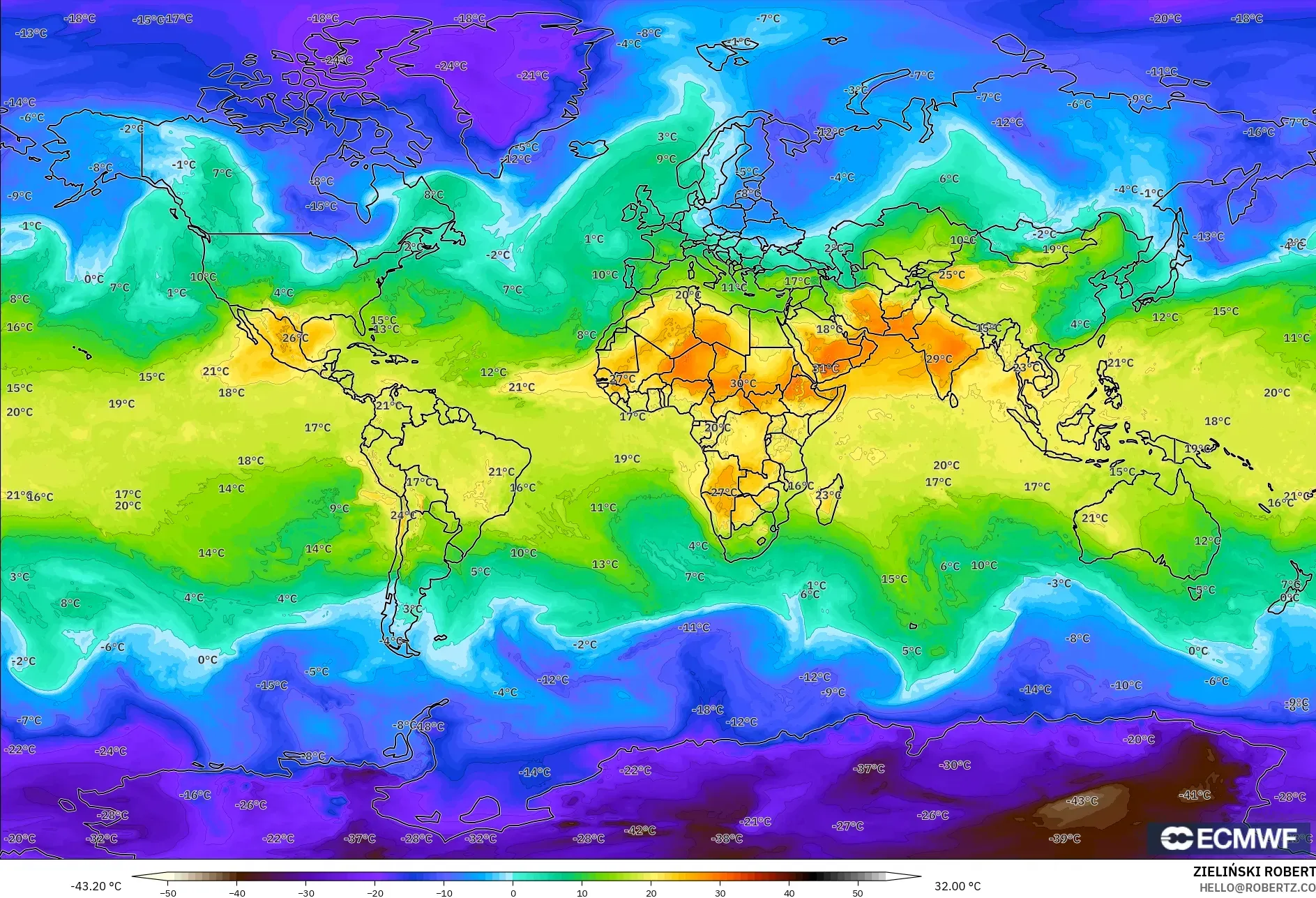 ECMWF IFS 0.25° modelo - Mundo, Temperatura a 850 hPa