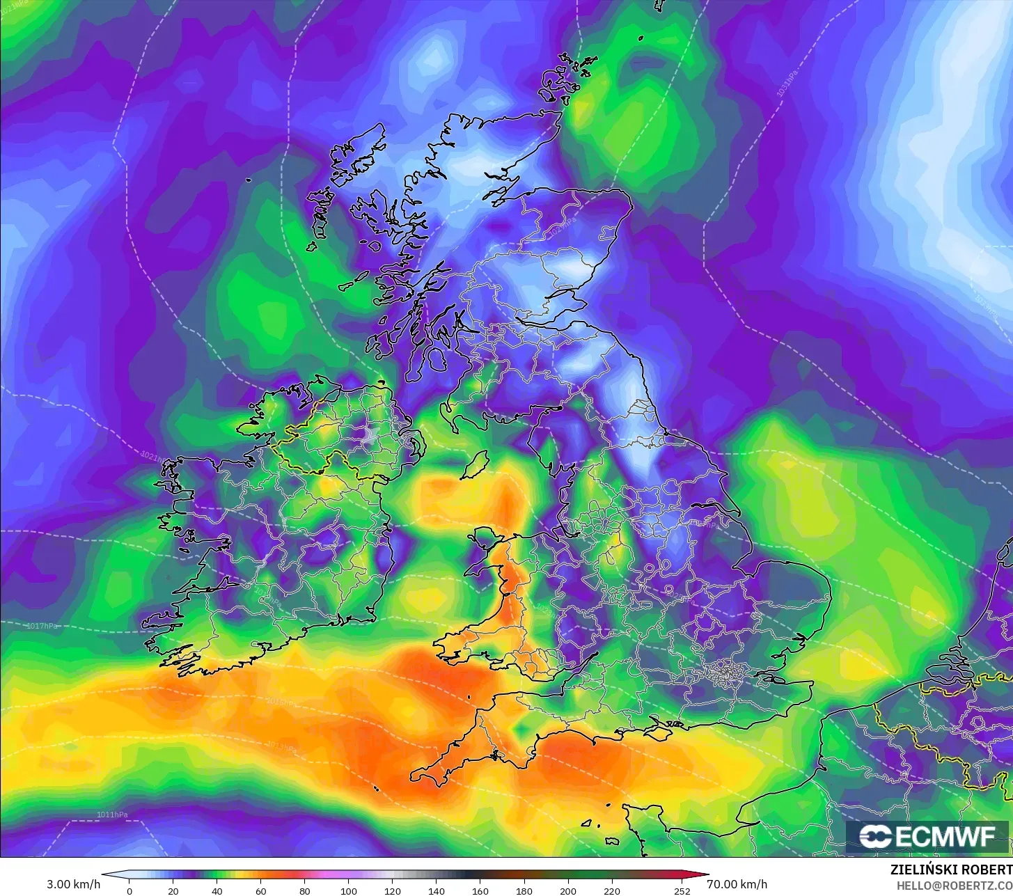 ECMWF IFS 0.25° modelo - Reino Unido, Ráfagas de Viento Máximas