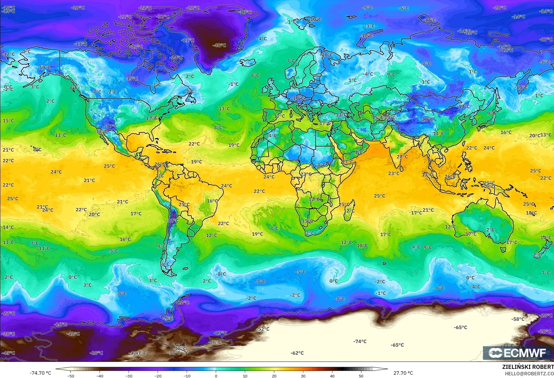 ECMWF IFS 0.25° modelo - Mundo, Punto de rocío a 2 m