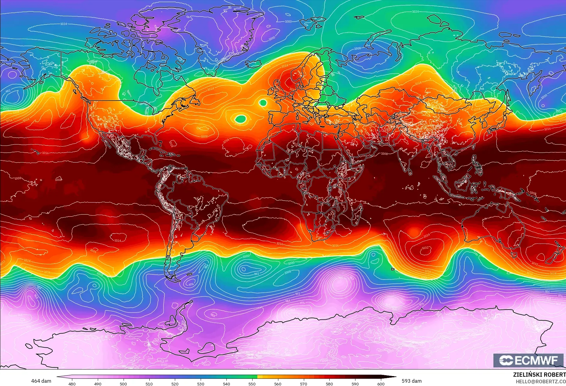ECMWF IFS 0.25° modelo - Mundo, Altura geopotencial a 500 hPa