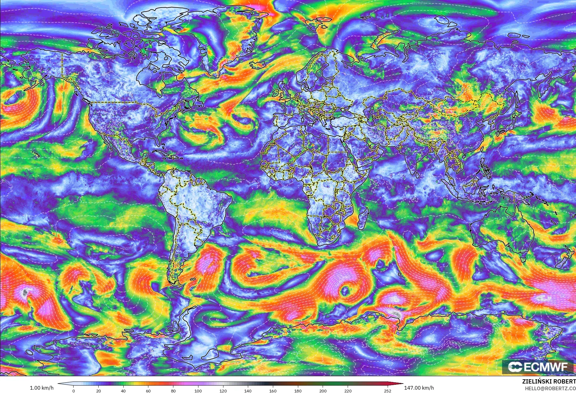 ECMWF IFS 0.25° modelo - Mundo, Ráfagas de Viento Máximas