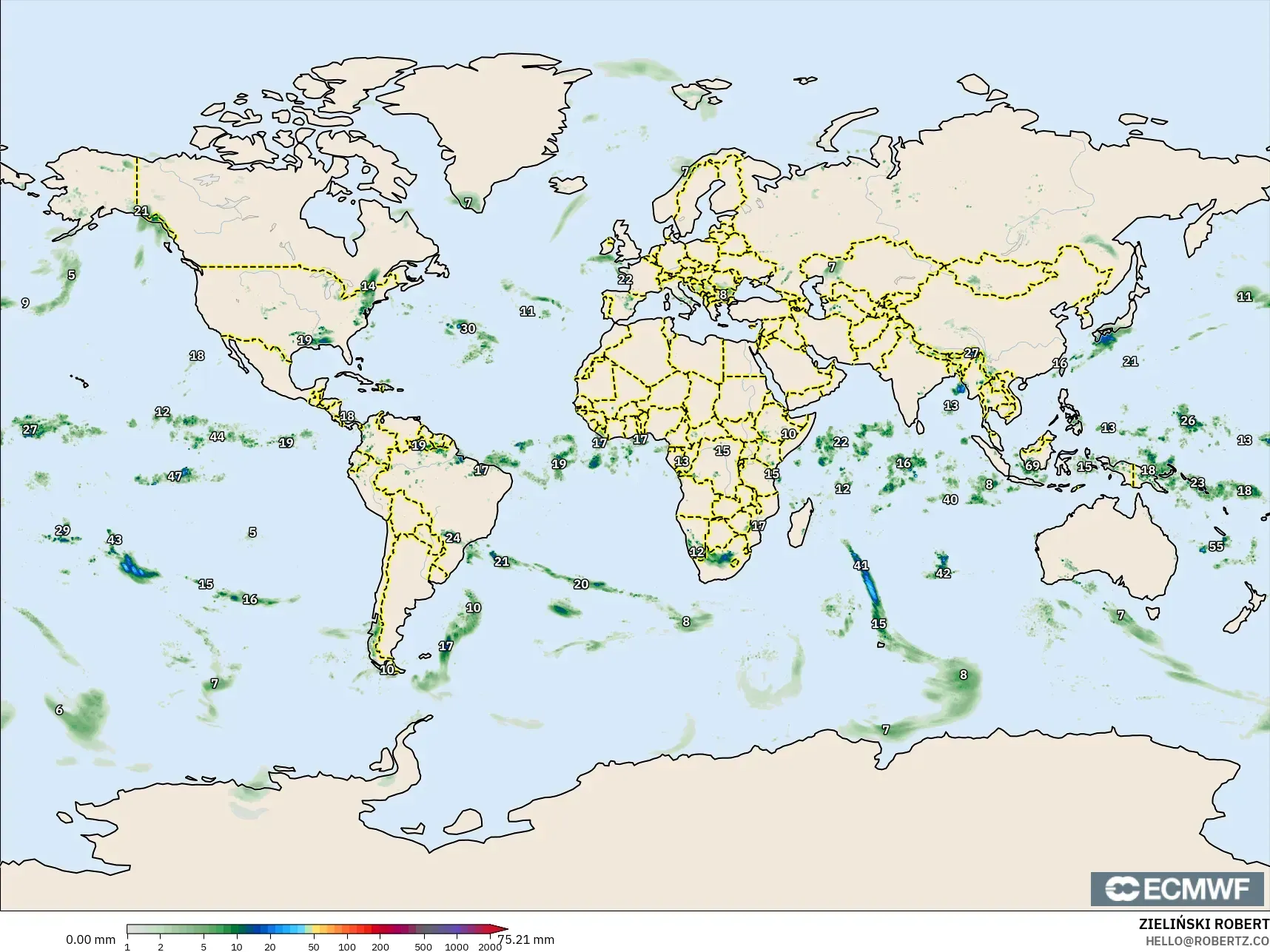 ECMWF IFS 0.25° modelo - Mundo, Acumulación de precipitación