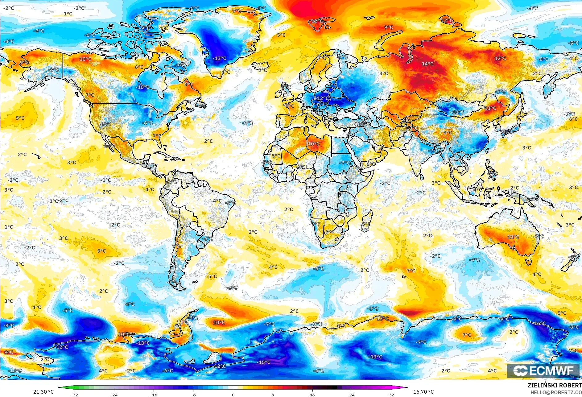 ECMWF IFS 0.25° modelo - Mundo, Anomalía de temperatura a 2 m